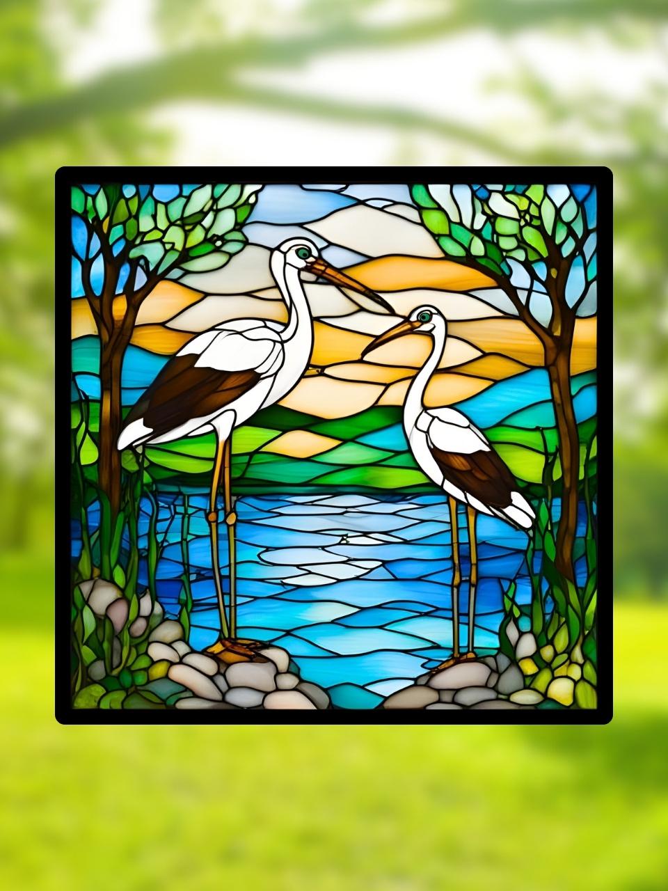 Vitrail cigognes – Scène naturelle en vitrail art déco, format carré 14,5x14,5 cm, décoration lumineuse