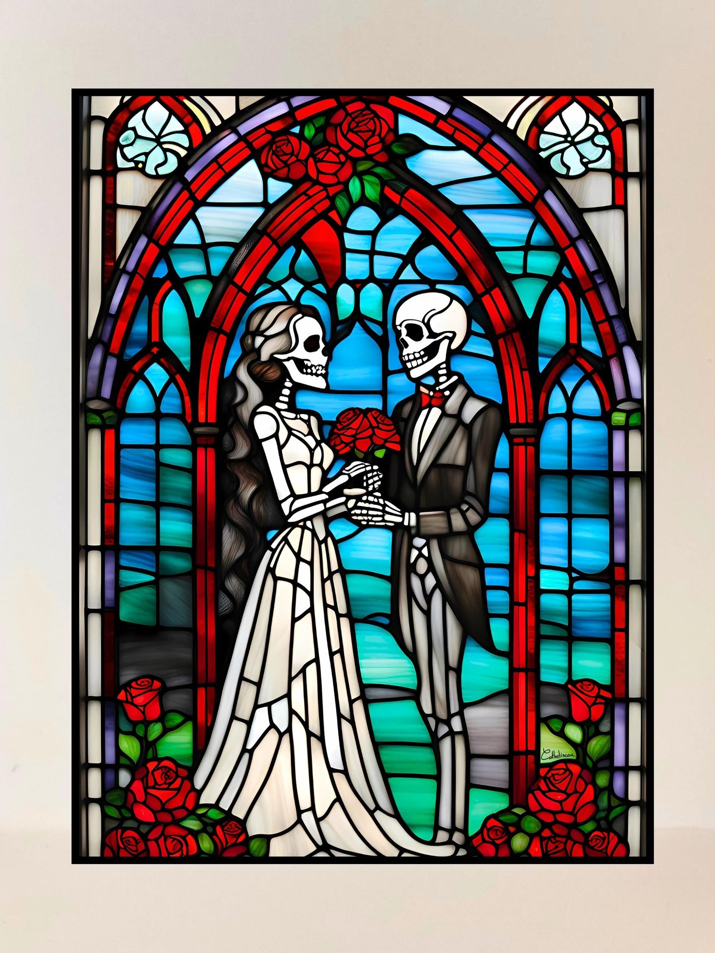 Vitrail Mariage des Squelettes 30x40cm – Décoration vitre Gothique – Cadeau Halloween