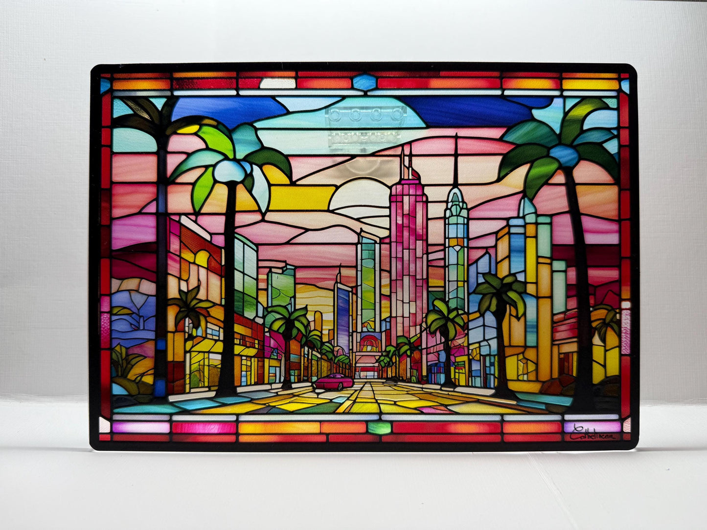 Vitrail Miami Vice City 210x148mm – Panneau Déco Néon Synthwave – Cadeau Original pour Fans de Rétro et de Culture Pop