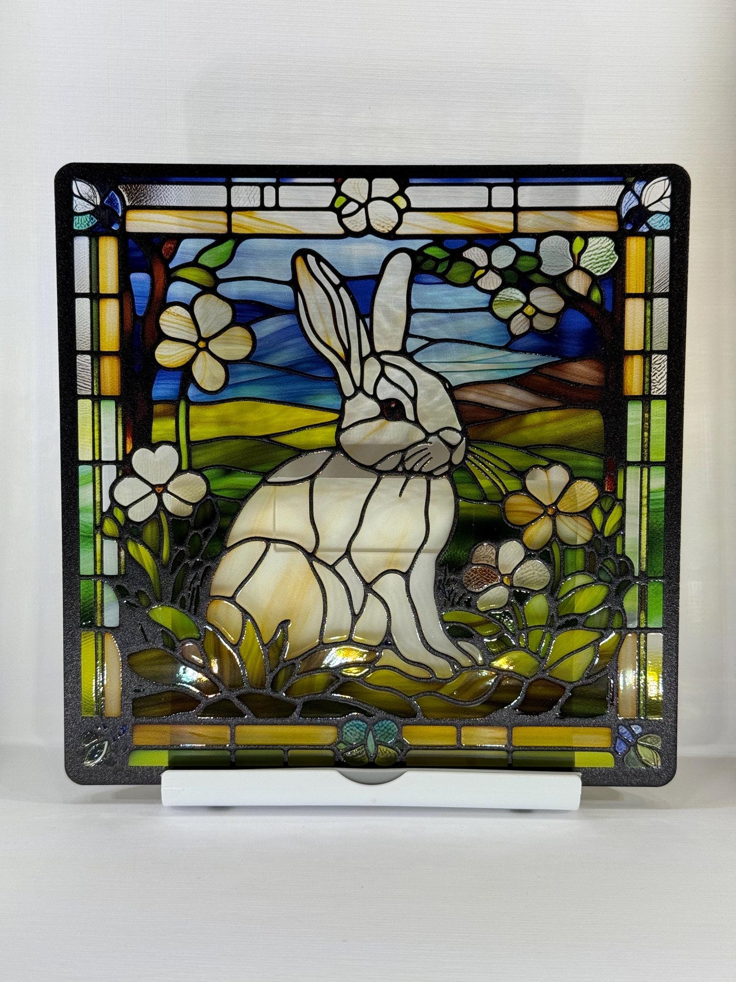 Vitrail Le Lapin Blanc – Décoration de Vitre Animalière – Cadeau Original pour Amoureux des Lapins