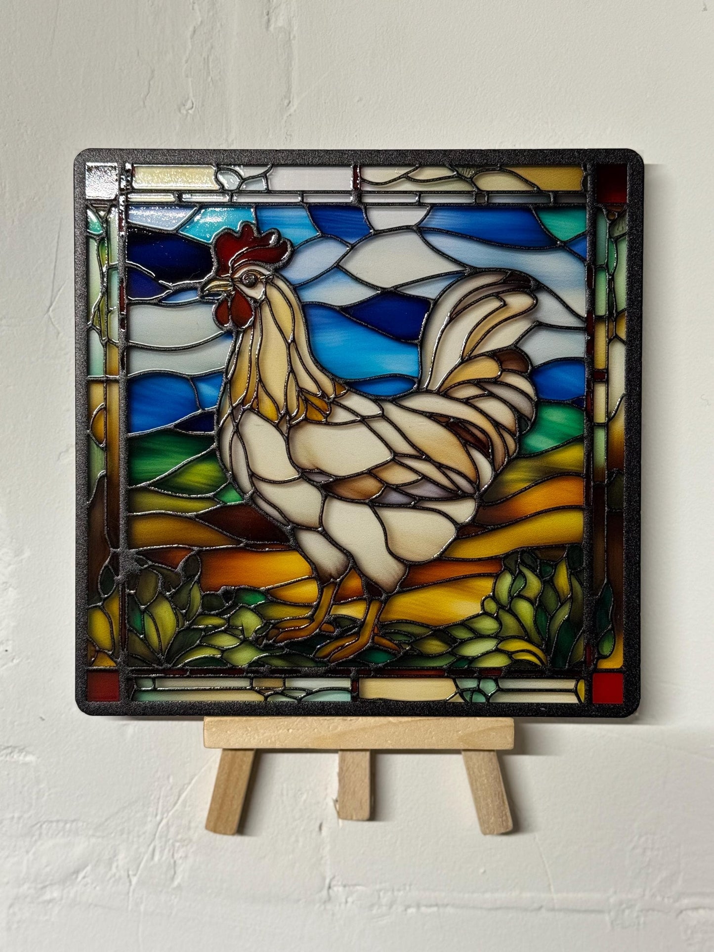 Vitrail "La poule des matins clairs" – Cette poule en vitrail, animal de la ferme, décoration lumineuse, format 14,5x14,5 cm