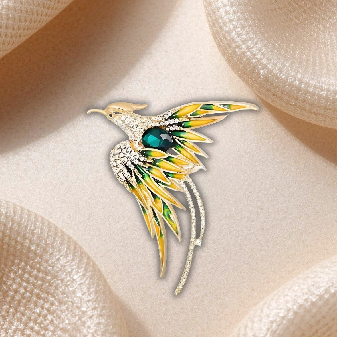Broche Phénix Vert et Doré – Bijou Mythologique Élégant