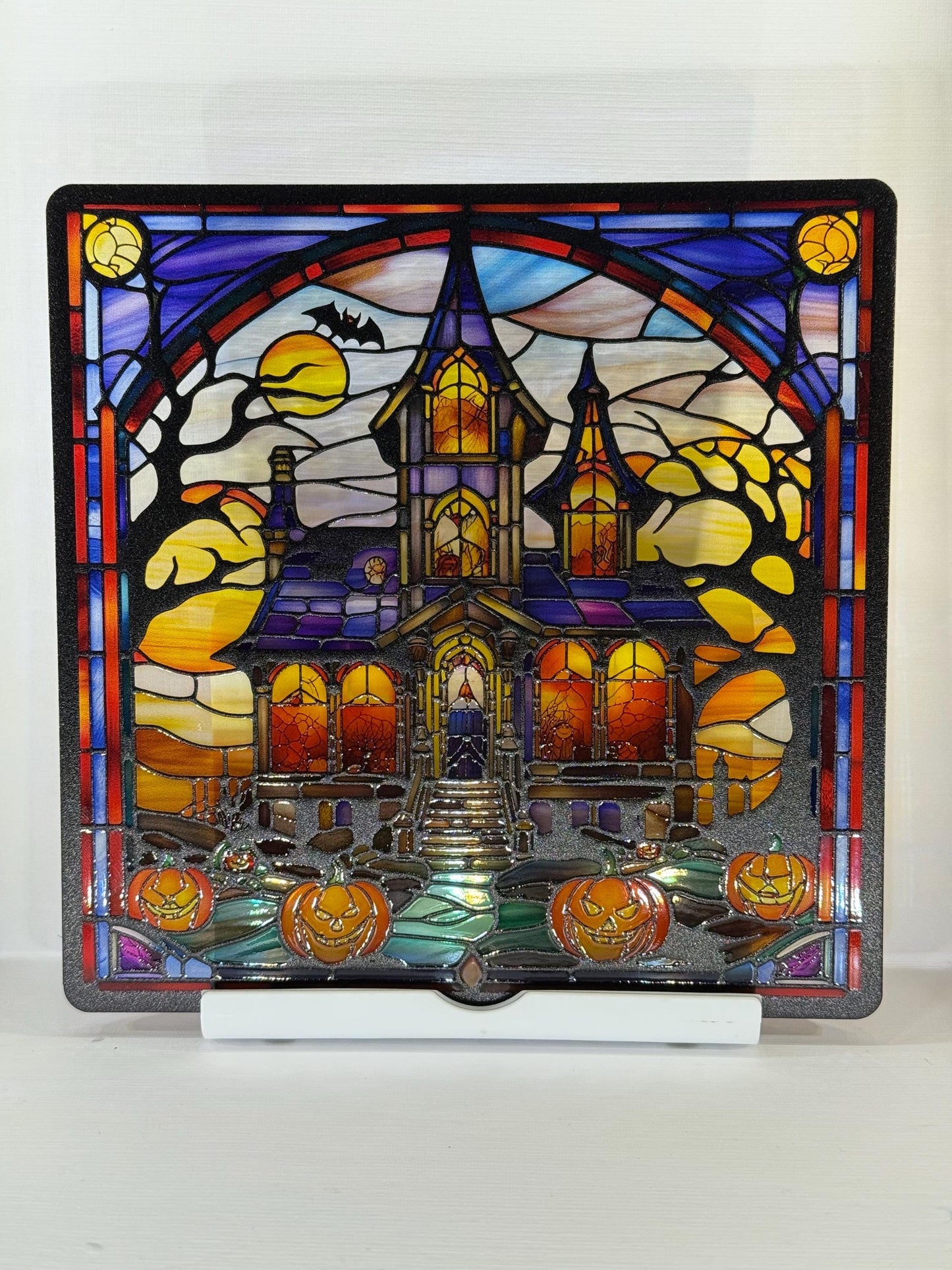 Vitrail Maison Hantée aux Citrouilles – Décoration de Vitre Lumineuse – Cadeau Original pour Passionnés de l’Univers Halloweenesque