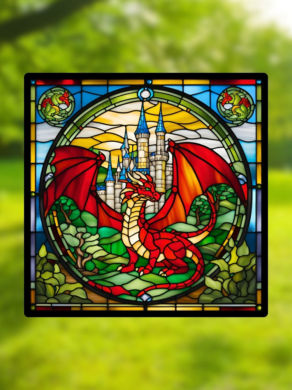 Vitrail Dragon Rouge – Décoration fantasy médiévale château et dragon