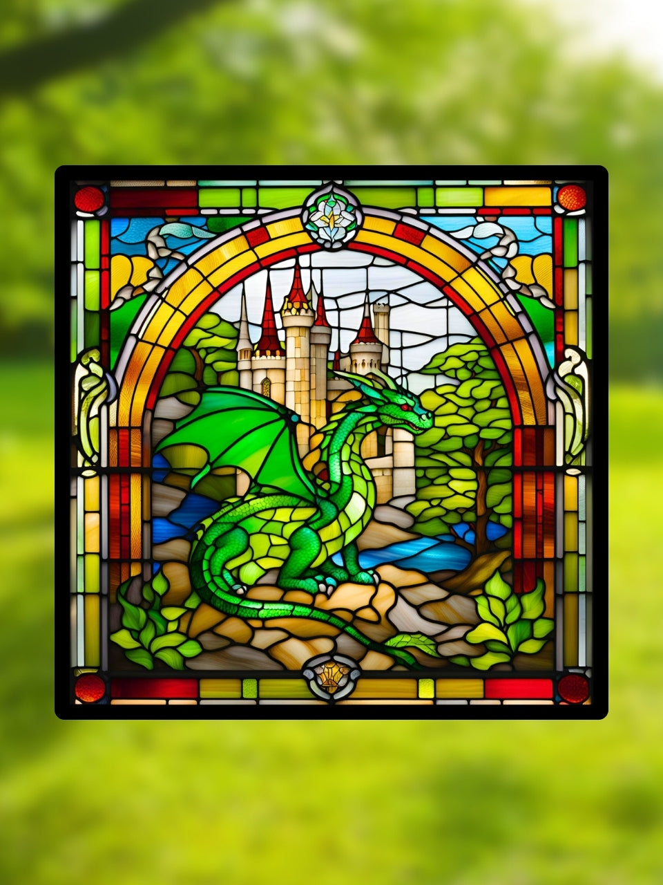 Vitrail Dragon Vert – Décoration fantasy médiévale château et dragon gardien