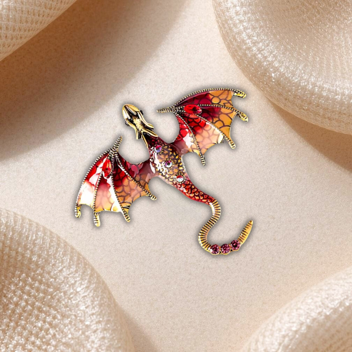 Broche Dragon Rouge et Doré – Bijou Fantastique Médiéval avec Cristaux