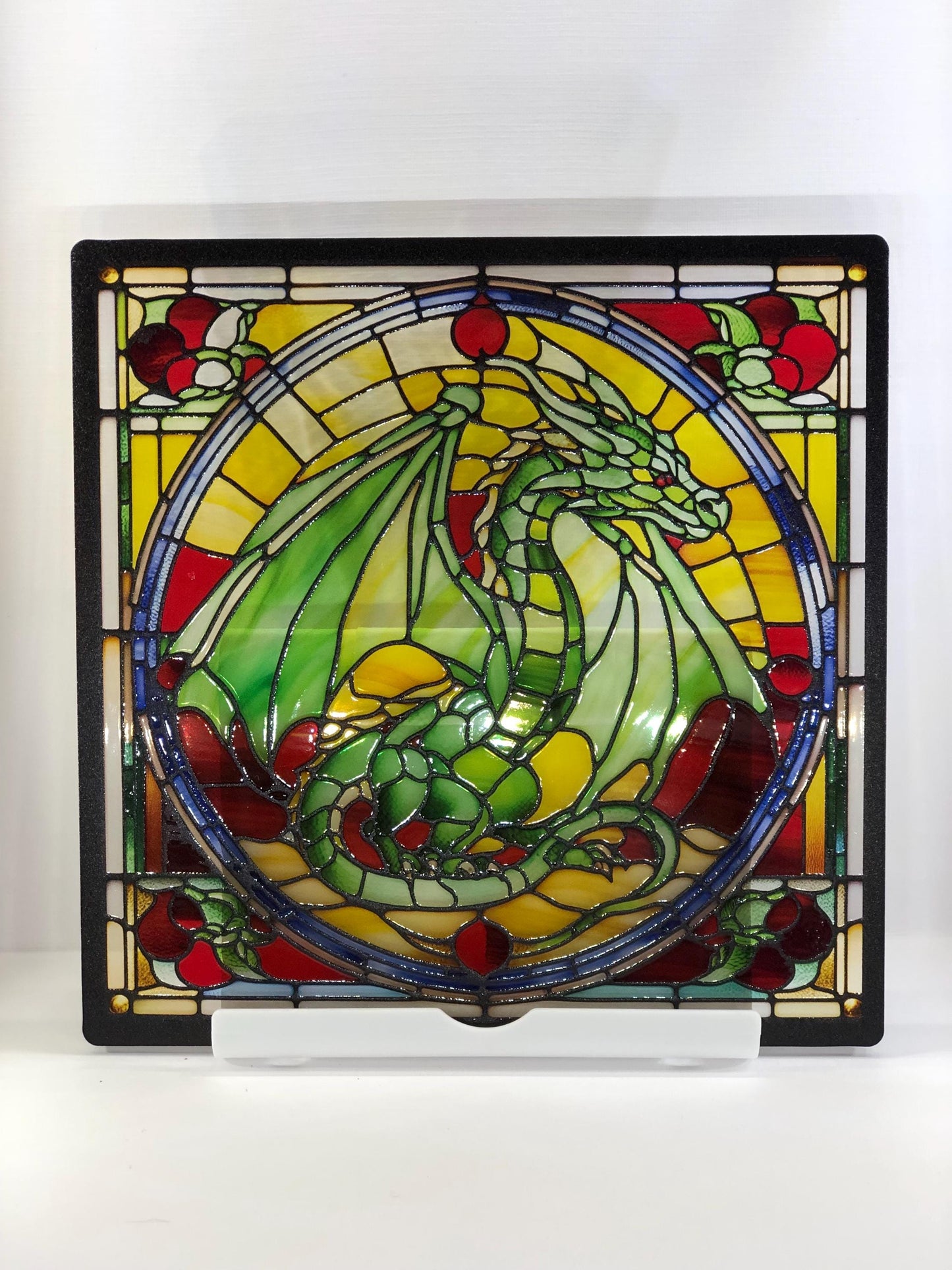 Vitrail Dragon Vert – Décoration de Vitre Mythique – Cadeau Original pour Passionnés de Créatures Légendaires