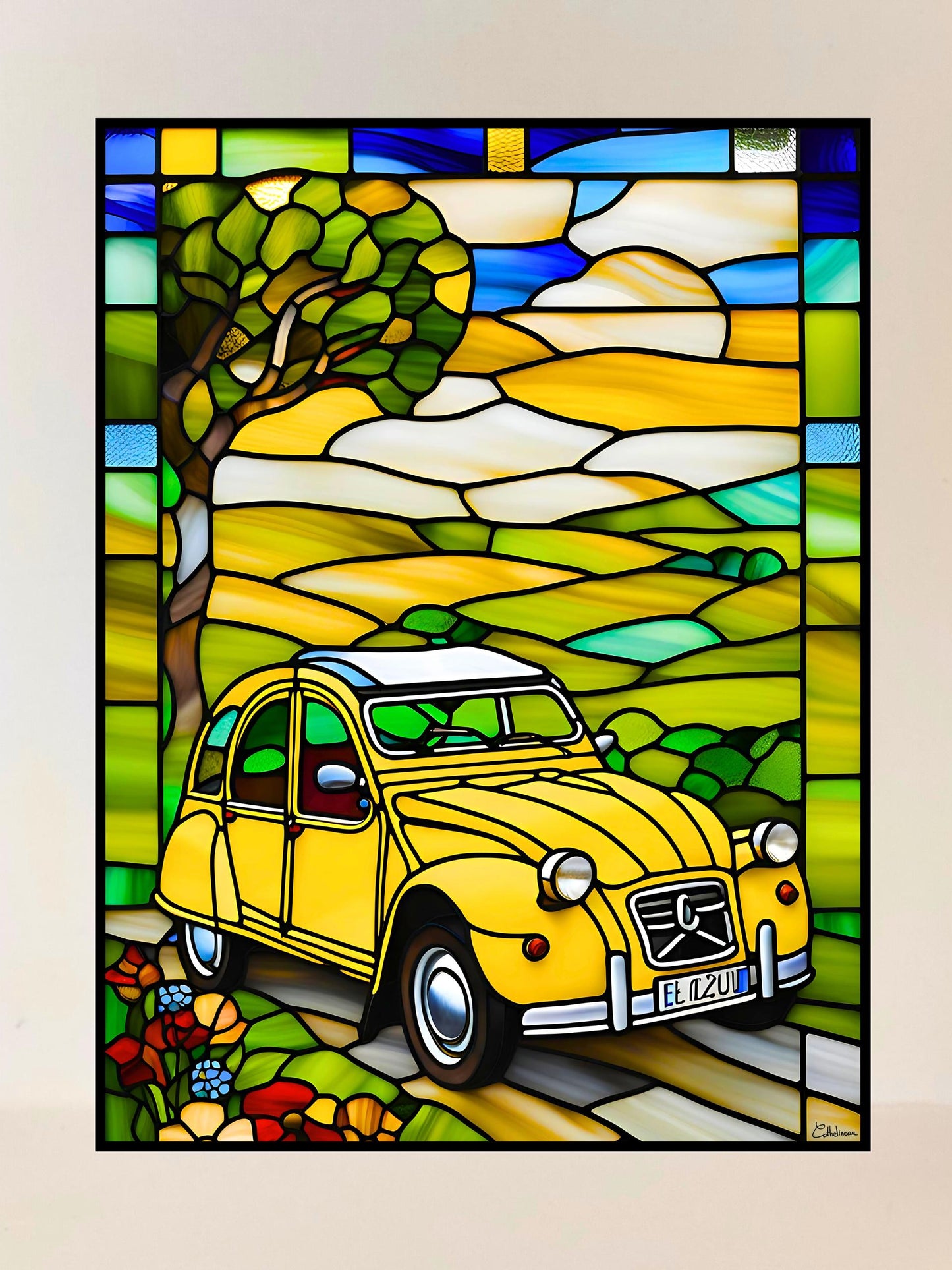 Vitrail 2CV 30x40cm – Décoration vitre Voiture Classique – Cadeau Art Automobile