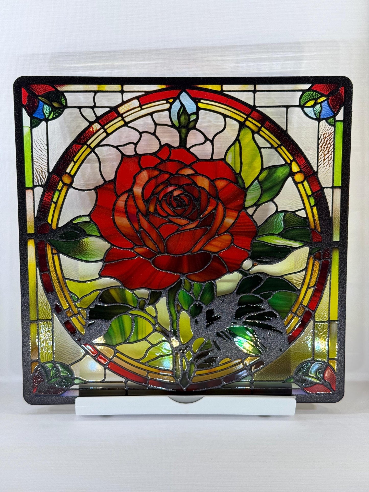 Vitrail Rose Rouge – Décoration de Vitre Florale – Cadeau Art Floral