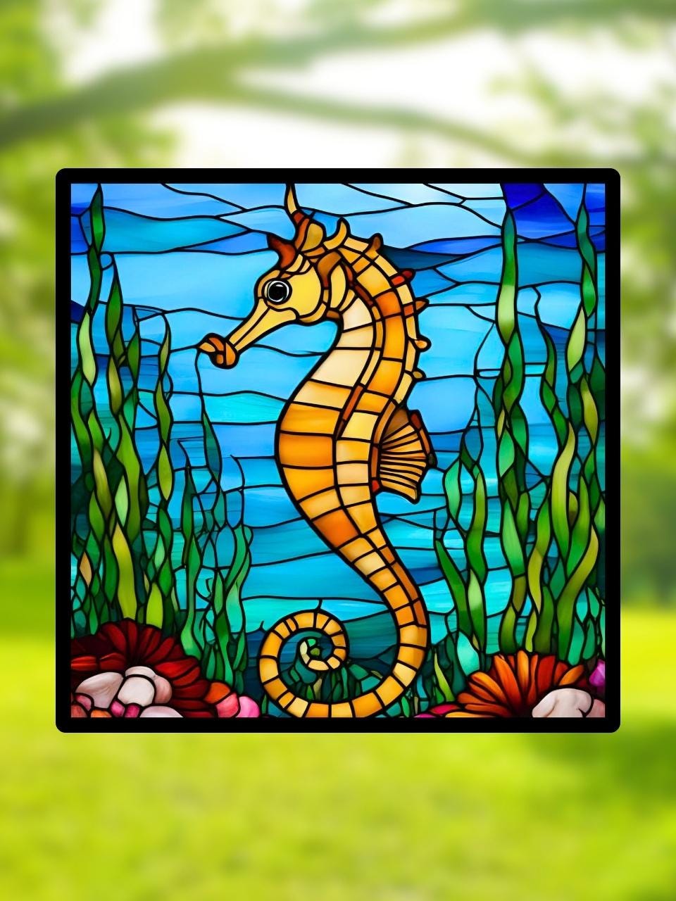 Vitrail hippocampe – Art marin pour fenêtre, déco océanique artisanale
