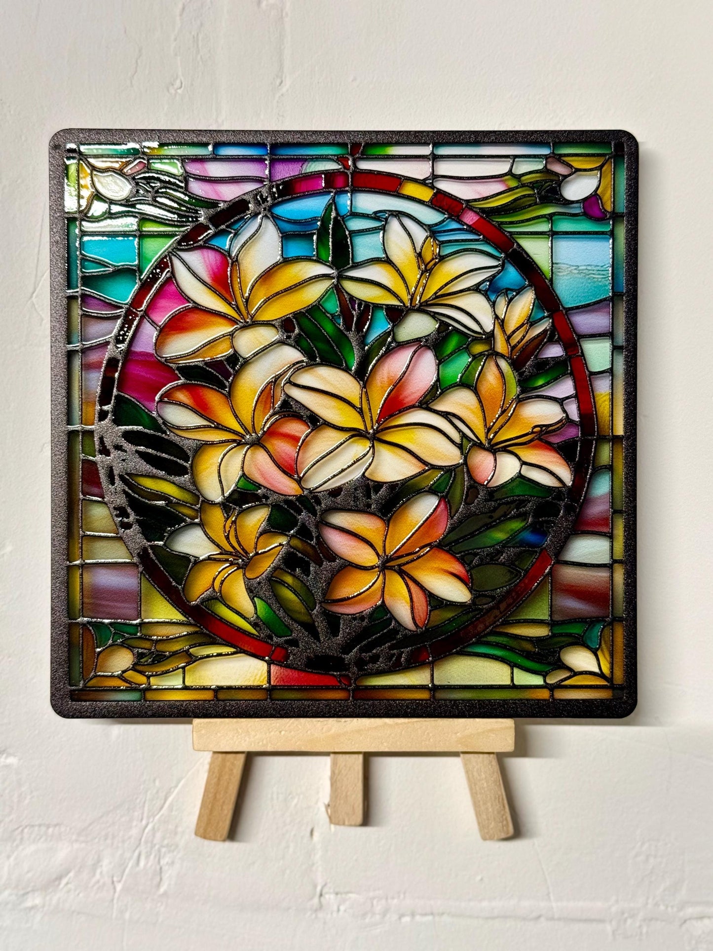 Vitrail Plumeria Frangipanier Hawaii – Décoration vitre Tropicale – Cadeau Art Floral