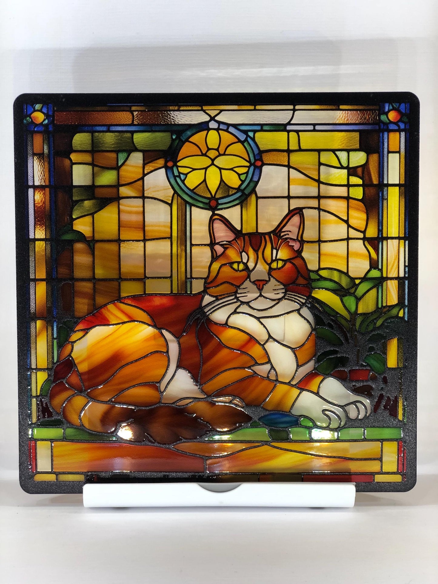 Vitrail Chat Roux – Décoration de Vitre Féline – Cadeau Original pour Amoureux des Chats