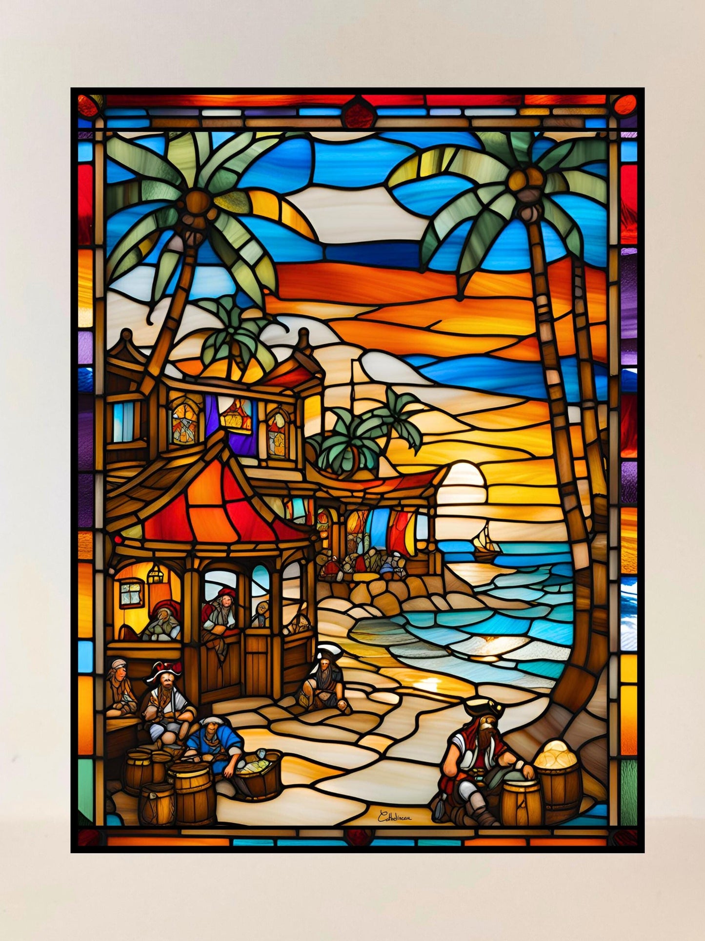 Vitrail Village des Pirates 30x40cm – Décoration vitre Marine – Cadeau Art Nautique