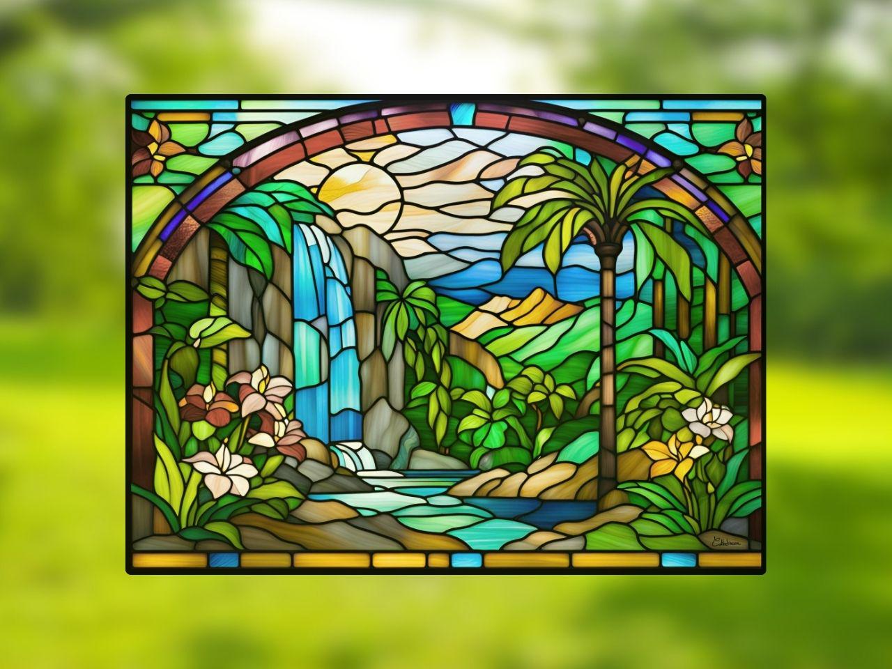 Vitrail Cascade 40x30cm – Décoration vitre Nature – Cadeau Art Paysage