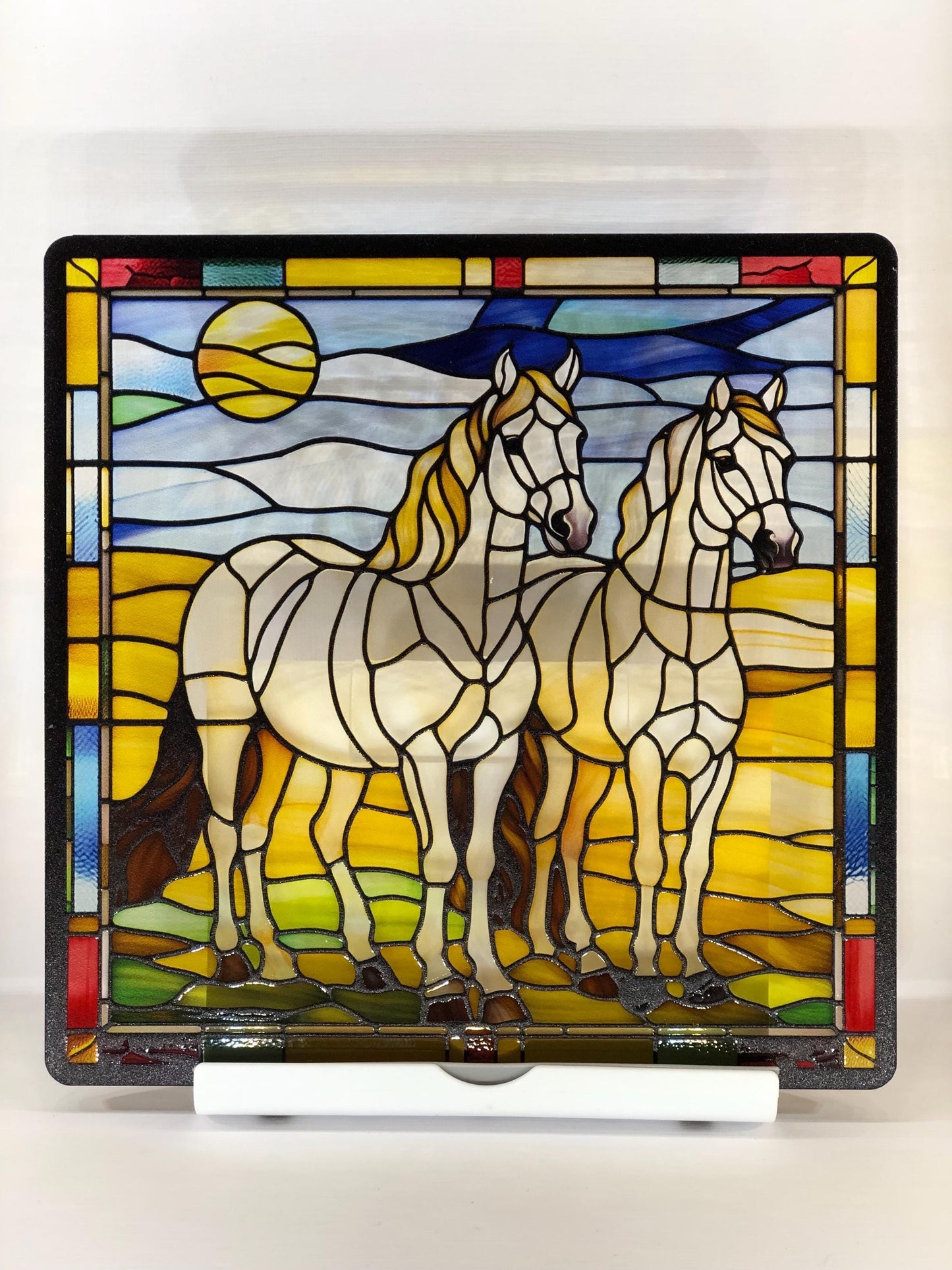 Vitrail Chevaux Blancs – Décoration Équestre Élégante – Cadeau Original pour Passionnés de Chevaux