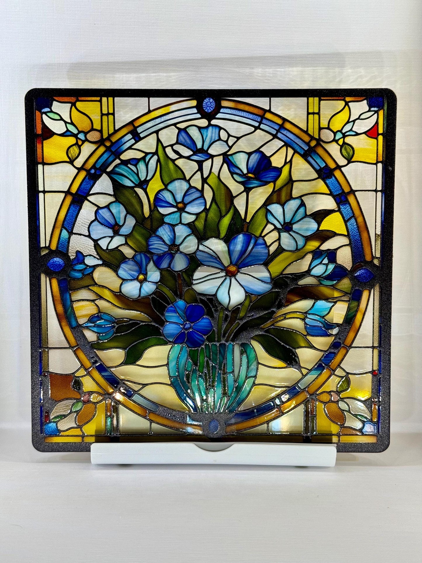 Vitrail Bouquet de Fleurs Bleues – Décoration de Vitre Florale – Cadeau Art Floral