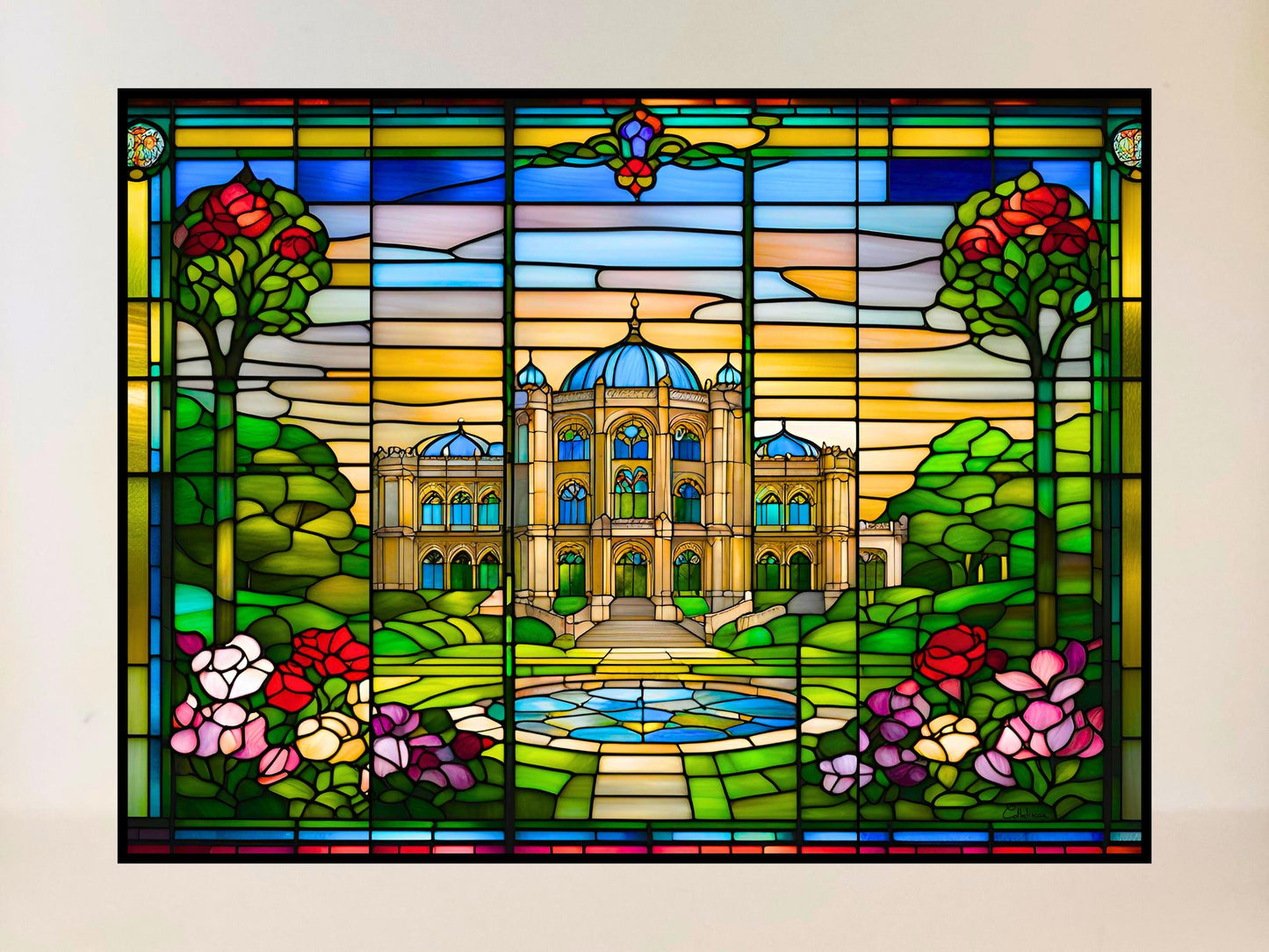 Vitrail Jardins du Palais 40x30cm – Décoration vitre Botanique – Cadeau Nature