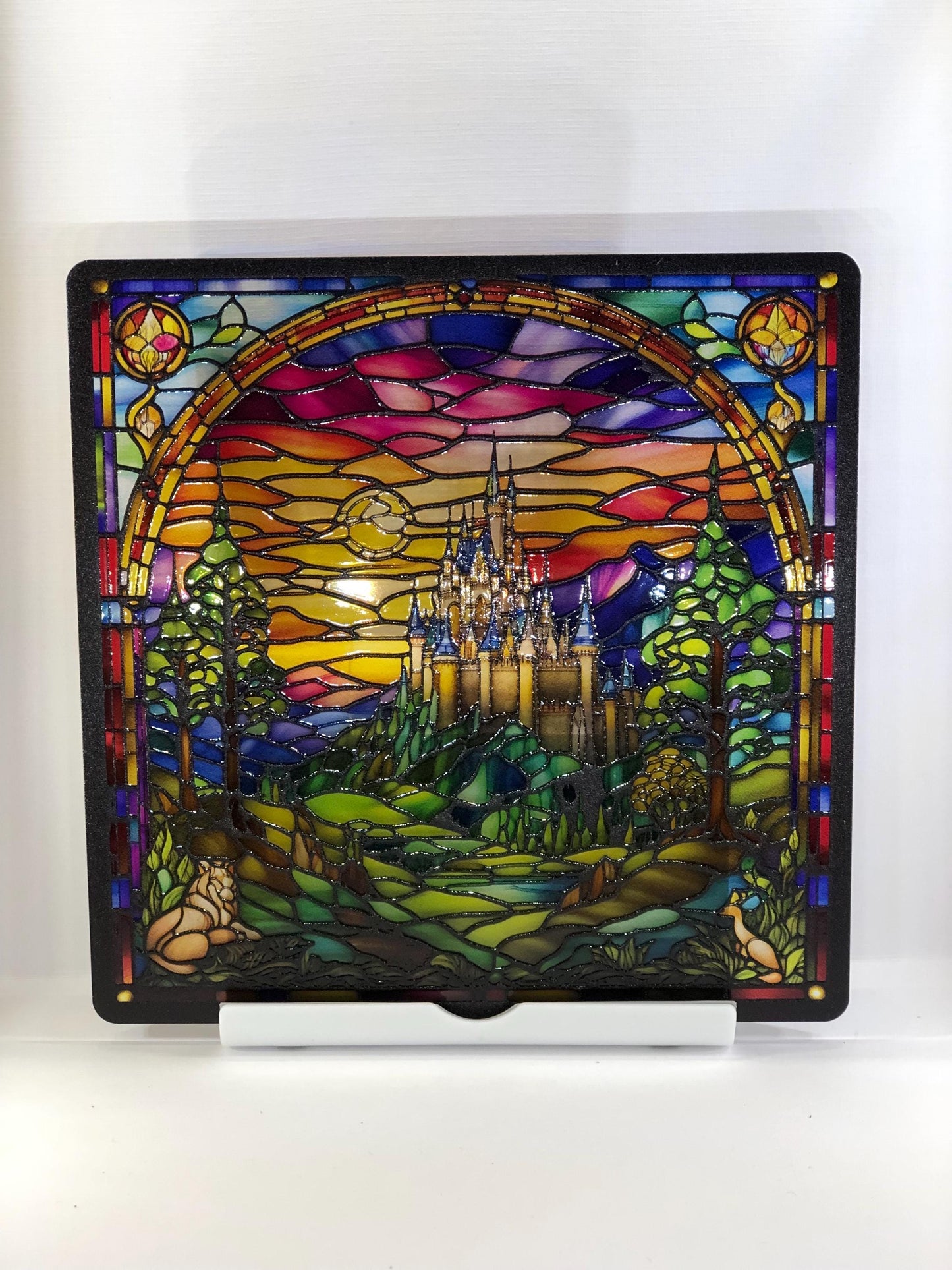 Vitrail Château au ciel arc en ciel – Décoration de Vitre Féérique – Cadeau Original pour Passionnés de Contes de Fées