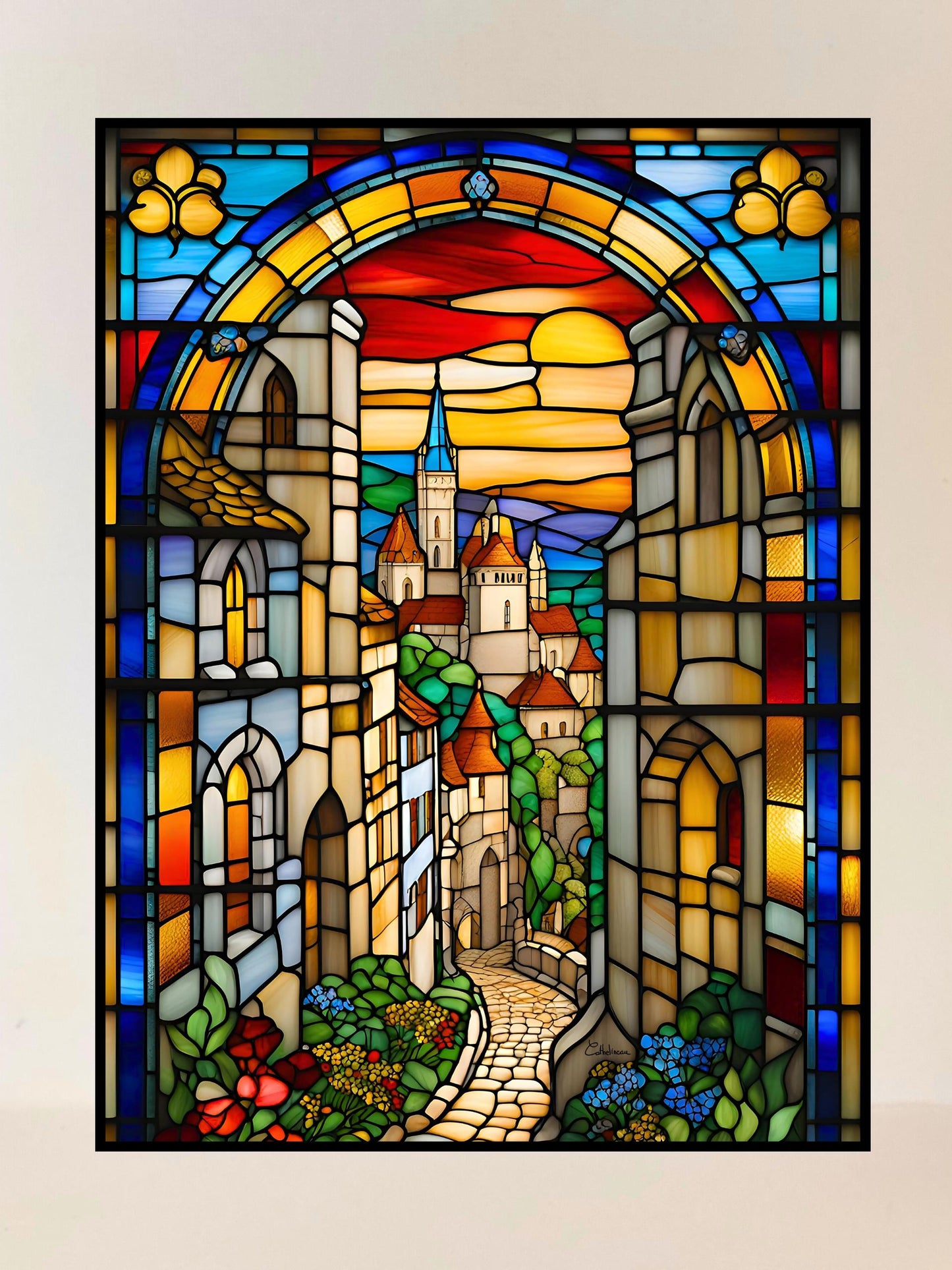 Vitrail Village Médiéval 30x40cm – Décoration vitre Historique – Cadeau Art Médiéval