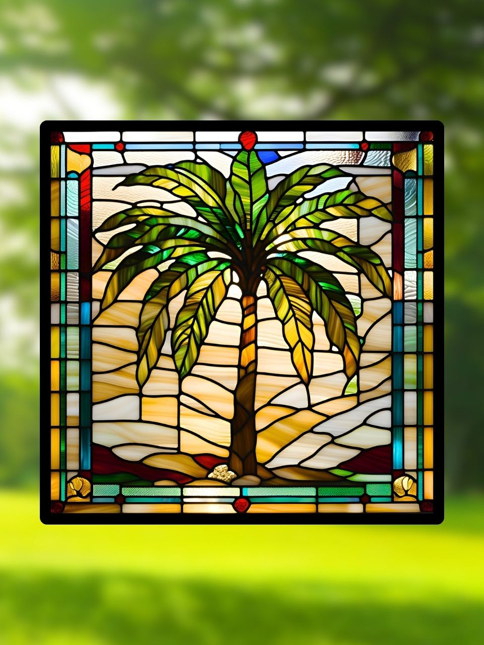 Vitrail "Le Palmier" – Palmier en vitrail, paysage désertique lumineux, décoration exotique, format 14,5x14,5 cm