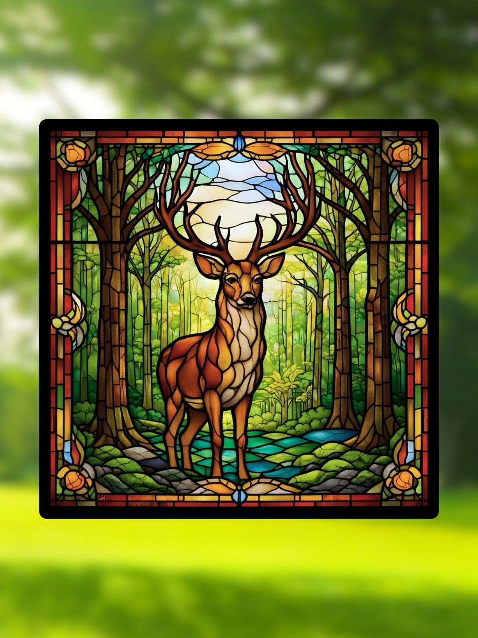 Vitrail "Le Cerf de la grande forêt" – Cerf majestueux en vitrail, scène forestière lumineuse, décoration nature, format 14,5x14,5 cm
