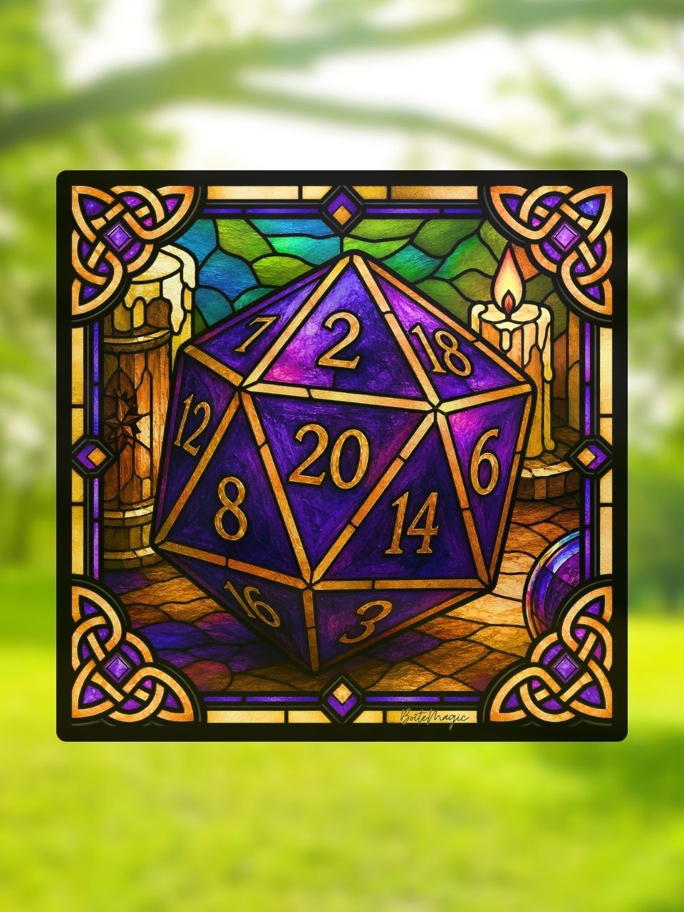 Vitrail Dé Vingt Faces (D20) – Décoration fantasy et jeu de rôle