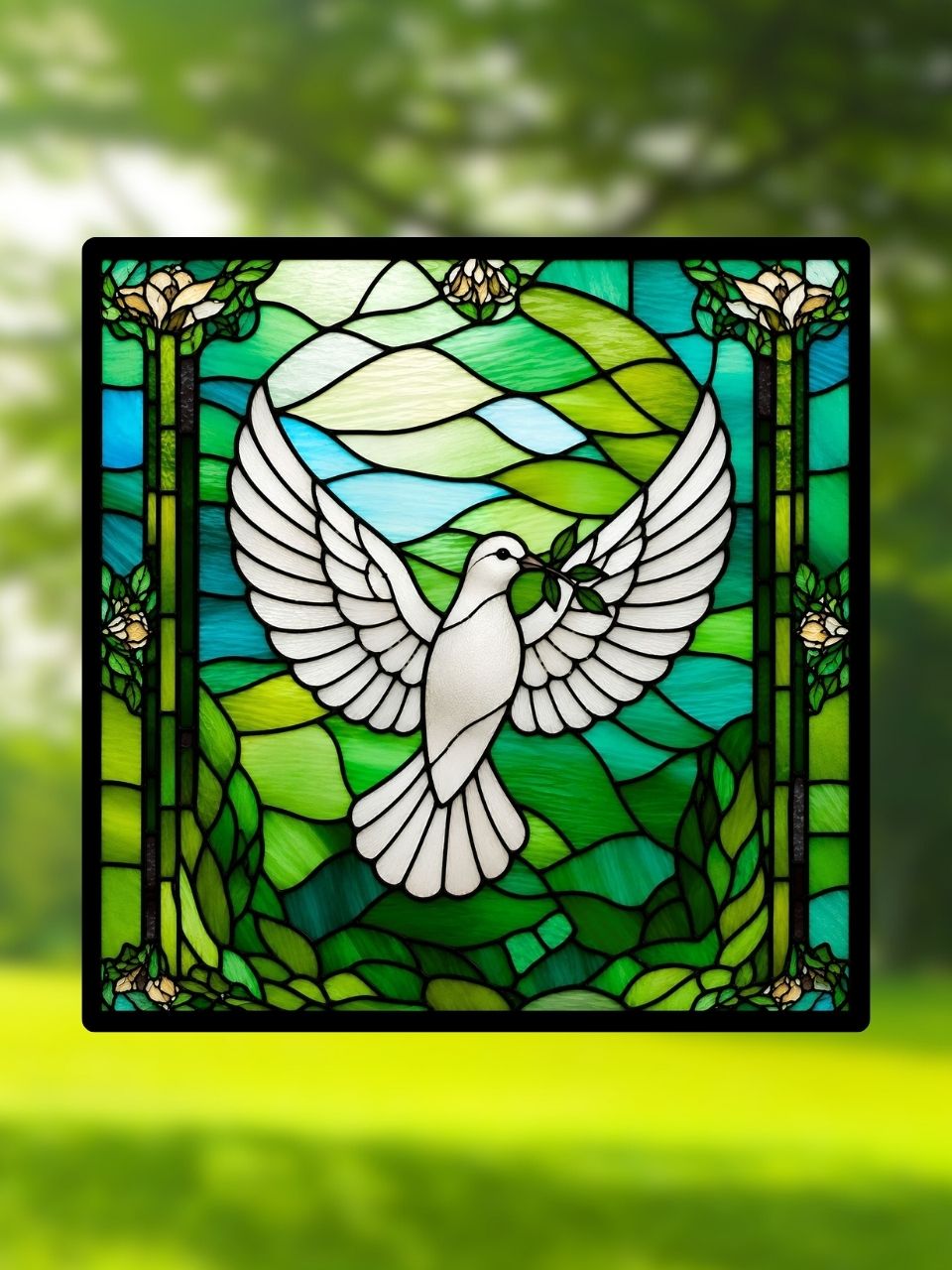 Vitrail Colombe de la Paix – Colombe Blanche avec Rameau d’Olivier