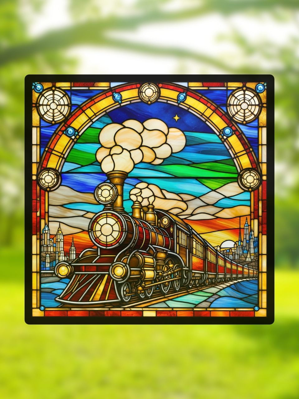 Vitrail Locomotive à Vapeur Steampunk – Décoration de Vitre Rétrofuturiste