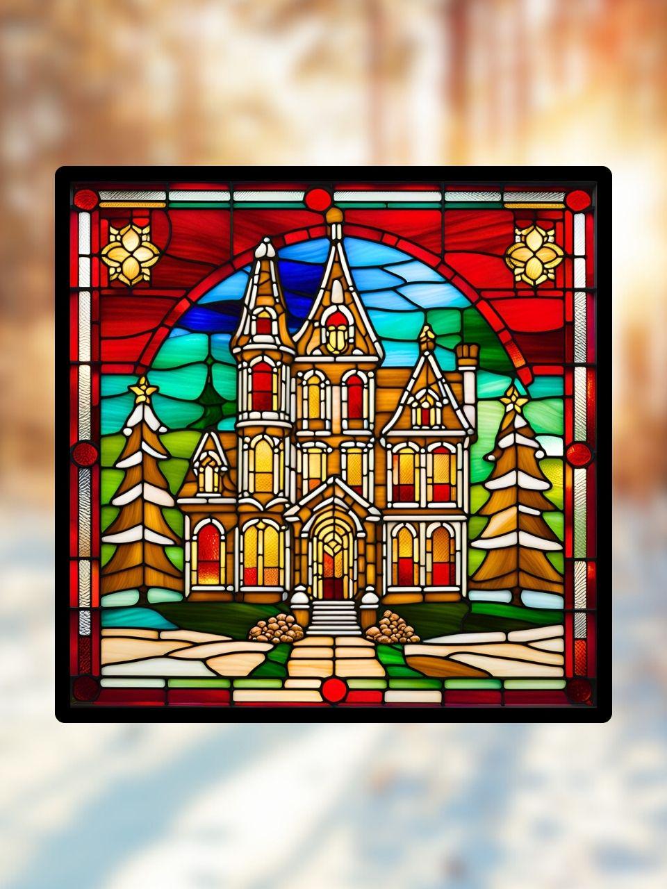 Vitrail Le Grande Maison en Pain d'Épices – Décoration de Vitre Gourmande – Cadeau Original pour les Fêtes de Fin d'Année