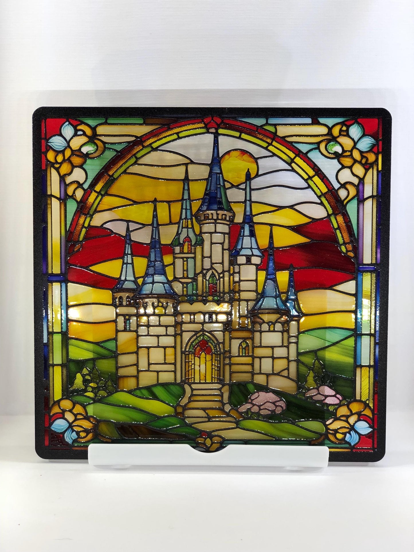 Vitrail Château – Décoration de Vitre Féérique – Cadeau Original pour Passionnés de Contes de Fées