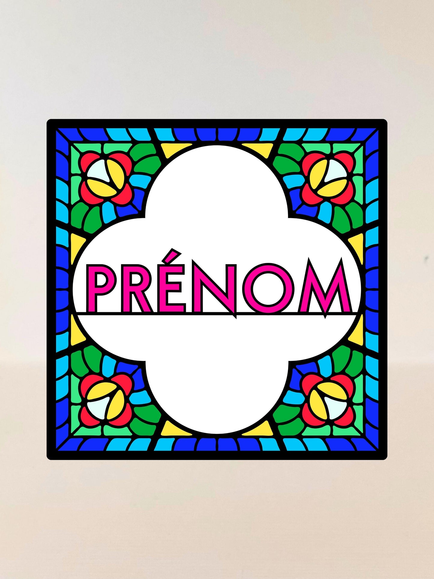 Vitrail le Prénom quadrilobe 145x145mm