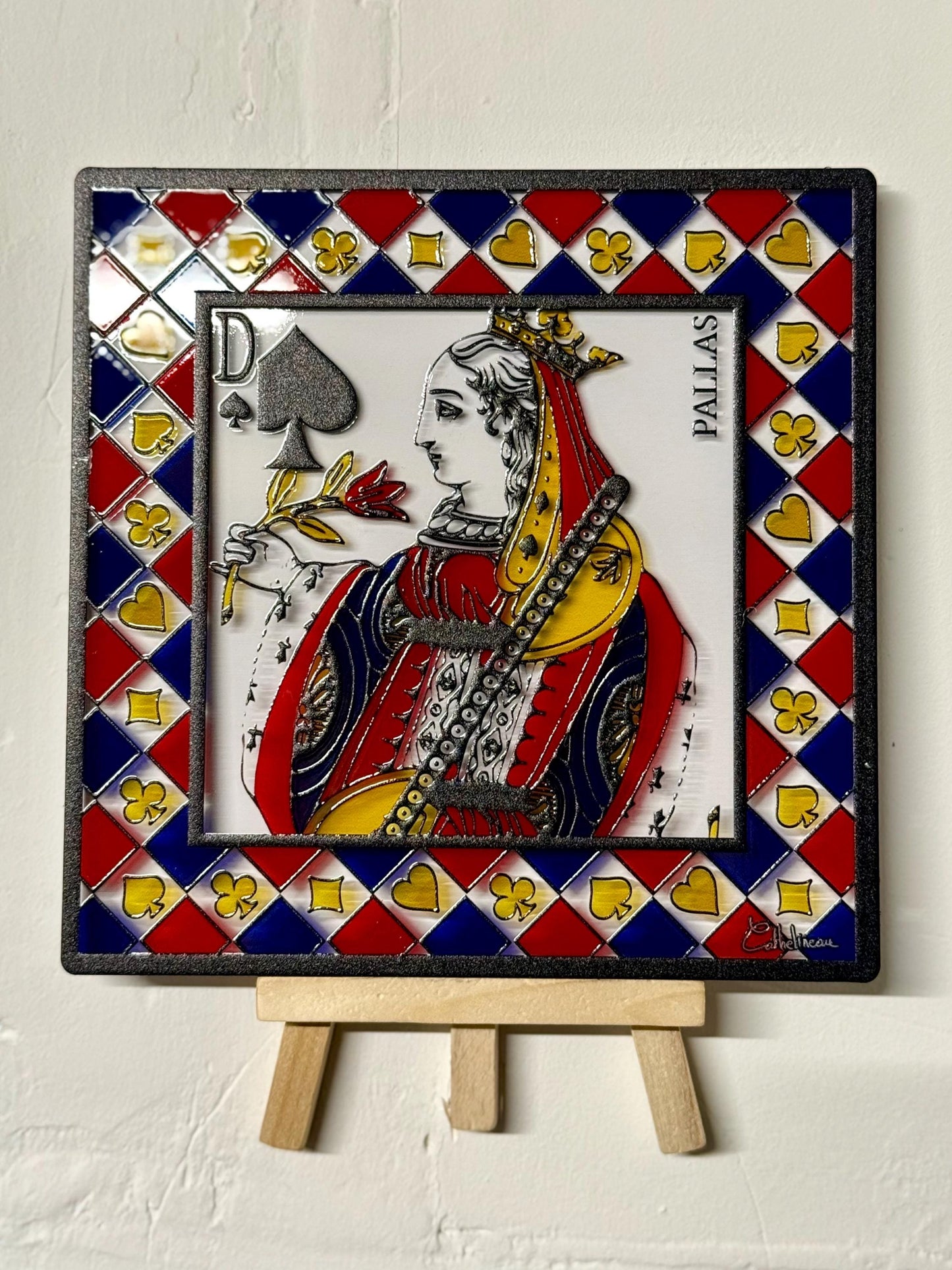 Vitrail "Dame de Pique" – Carte à jouer en vitrail art déco, format carré 14,5x14,5 cm, décoration élégante et graphique