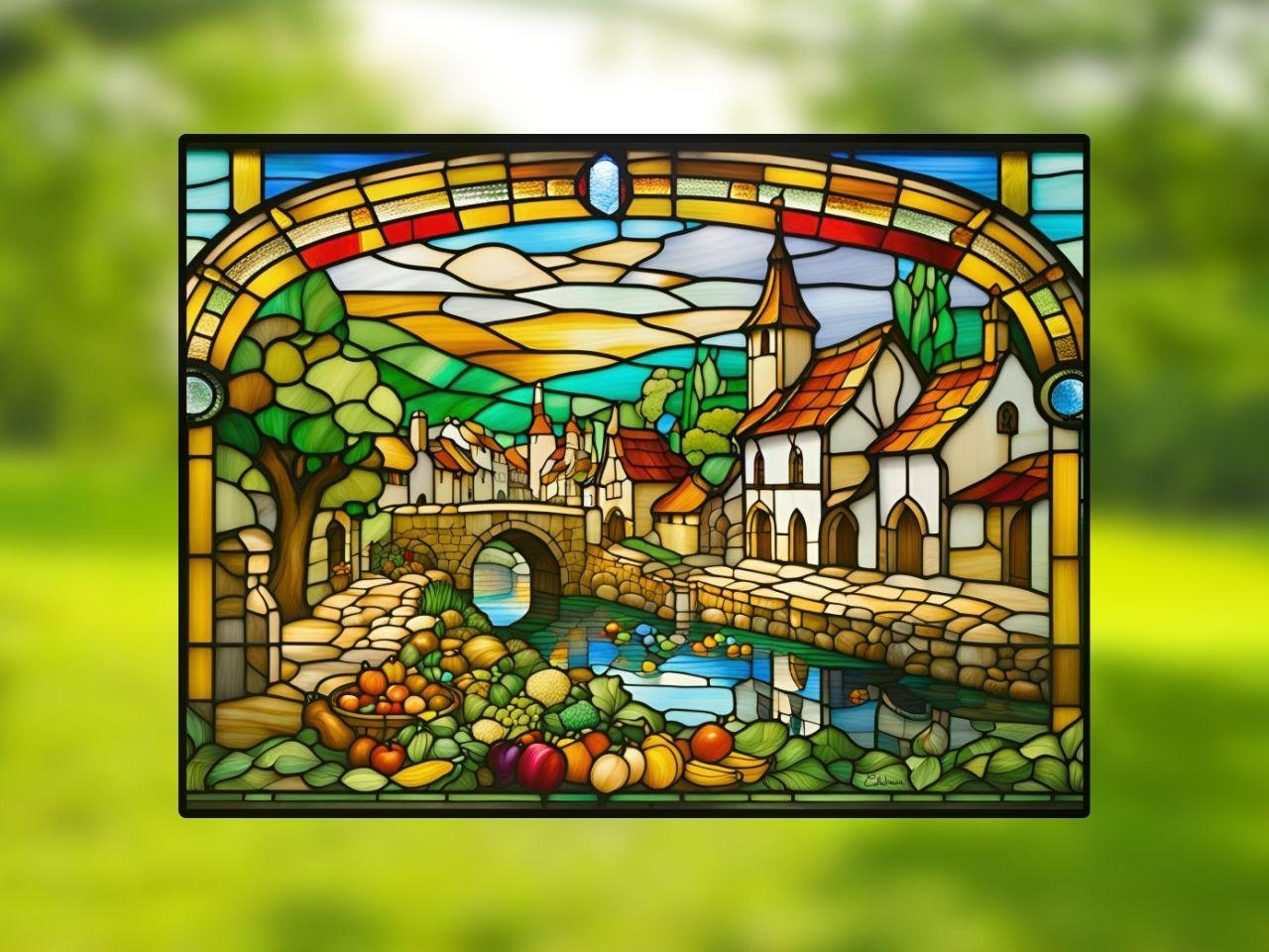 Vitrail Village Médiéval au Bord de l’Eau 40x30cm – Décoration vitre Historique – Cadeau Art Médiéval