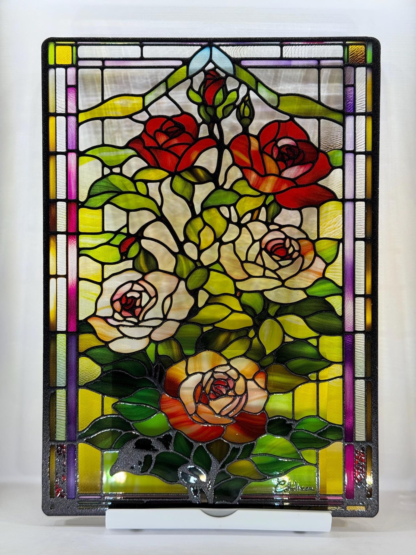 Vitrail Rosier 148x210mm – Fleur Romantique – Décoration de Vitre Florale – Cadeau Art Floral