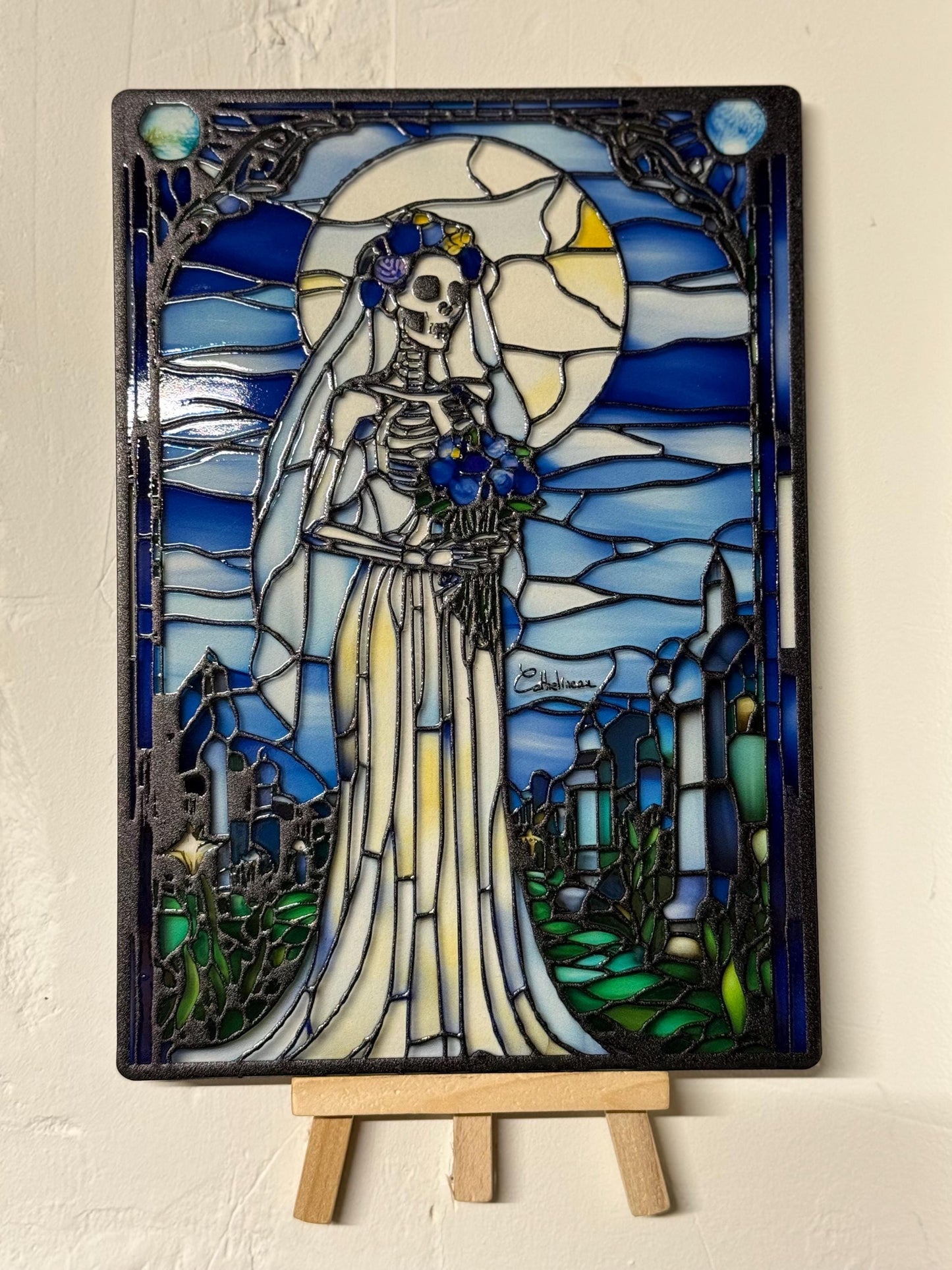 Vitrail "La Mariée Squelette" – Art gothique, vitrail funèbre, décoration d’Halloween, amoureuse éternelle, format 148x210mm
