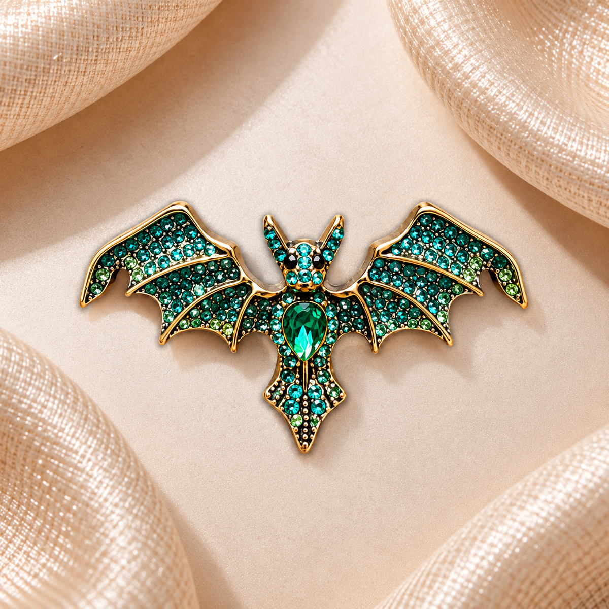 Broche chauve-souris dorée ornée de strass turquoise et vert émeraude sur fond beige champagne satiné
