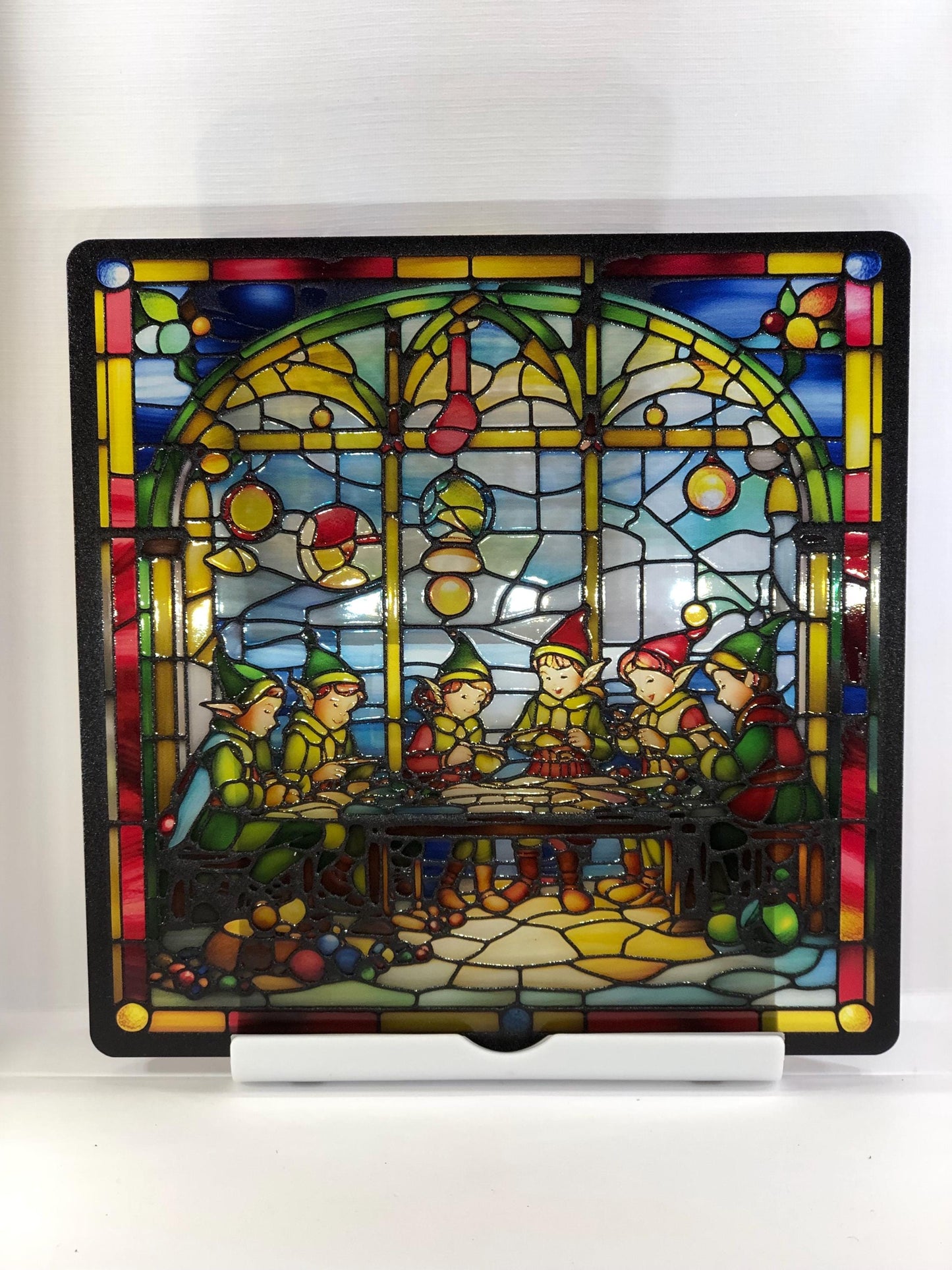 Vitrail L'Atelier du Père Noël et ses Lutins – Décoration de Vitre Festive – Cadeau Original pour les Fêtes de Fin d'Année