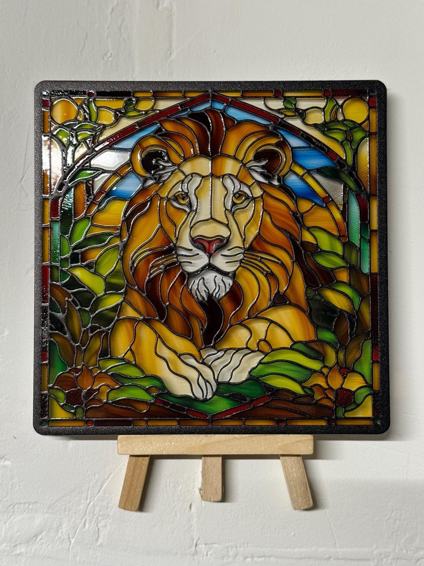 Vitrail Lion Majestueux – Décoration de Vitre Jungle – Cadeau Original pour Amoureux des Félins et de la Nature