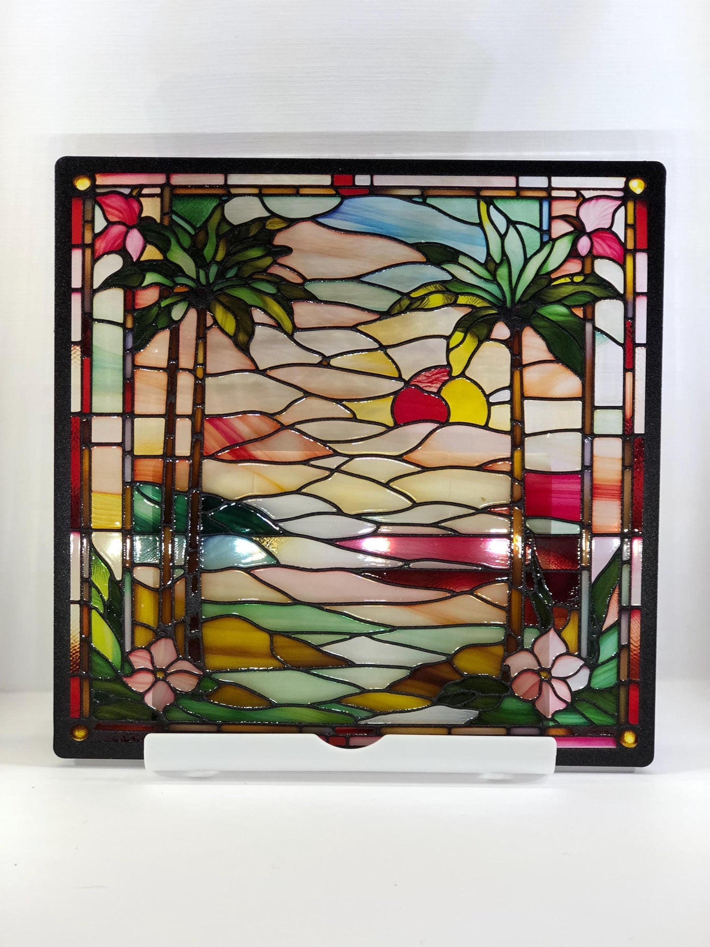 Vitrail Plage Tropicale avec Palmiers – Décoration de Vitre Exotique – Cadeau Art Tropical