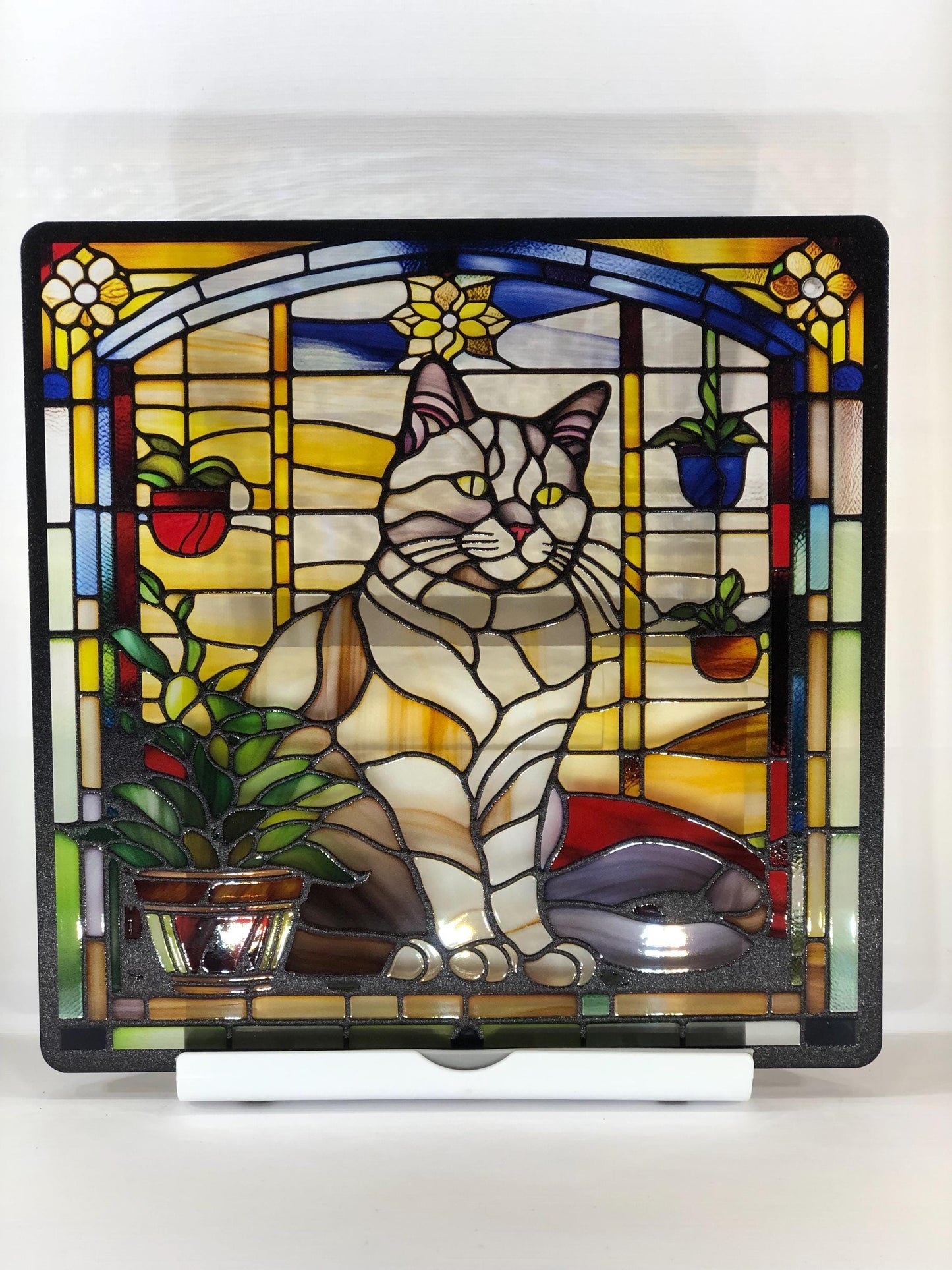 Vitrail Chat et Pots de Fleurs – Décoration de Vitre Féline – Cadeau Original pour Amoureux des Chats
