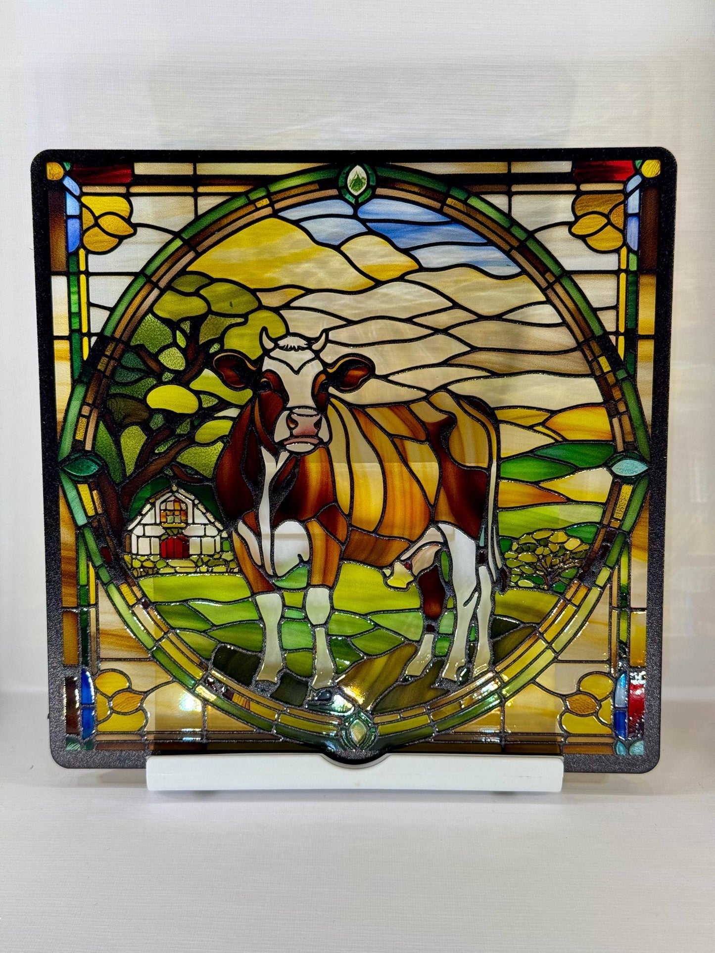 Vitrail Vache en Campagne – Décoration de Vitre Champêtre – Cadeau Fermier Original