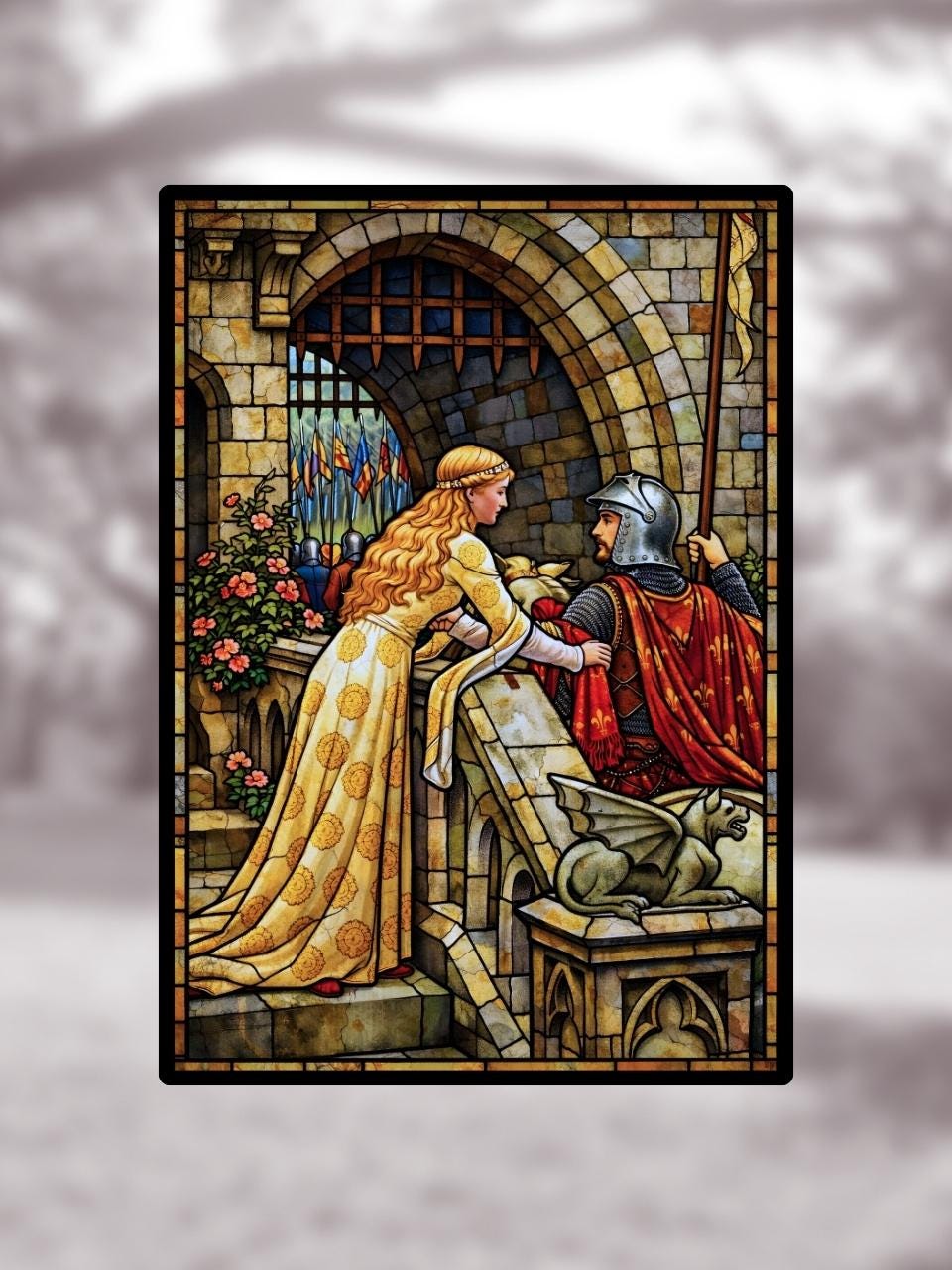 Vitrail "God speed" – Scène médiévale romantique en vitrail art historique, chevalier et dame, format vertical 14,8x21 cm