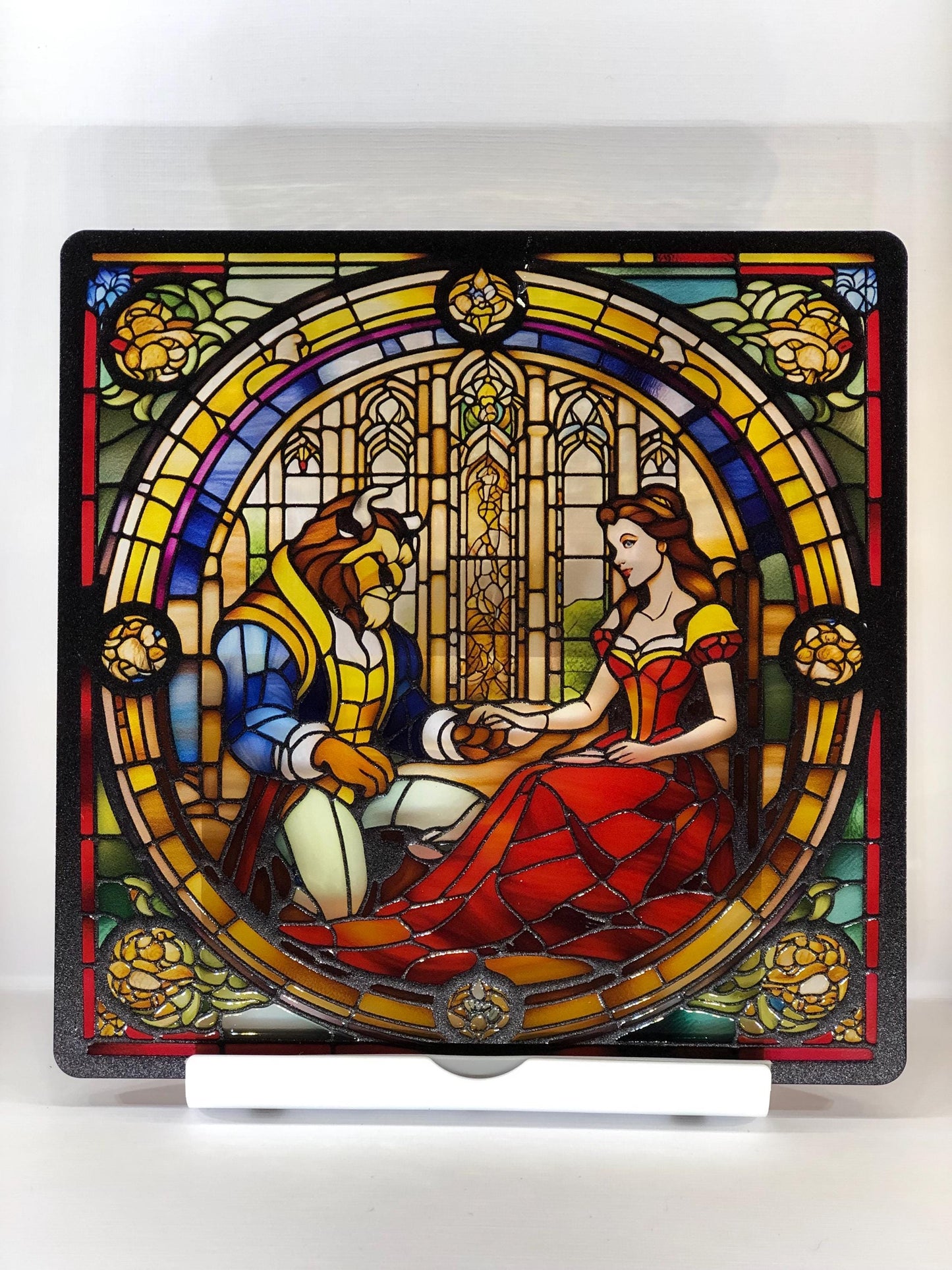 Vitrail La Belle et la Bête – Décoration de Vitre Enchantée – Cadeau Original pour Passionnés de Contes de Fées