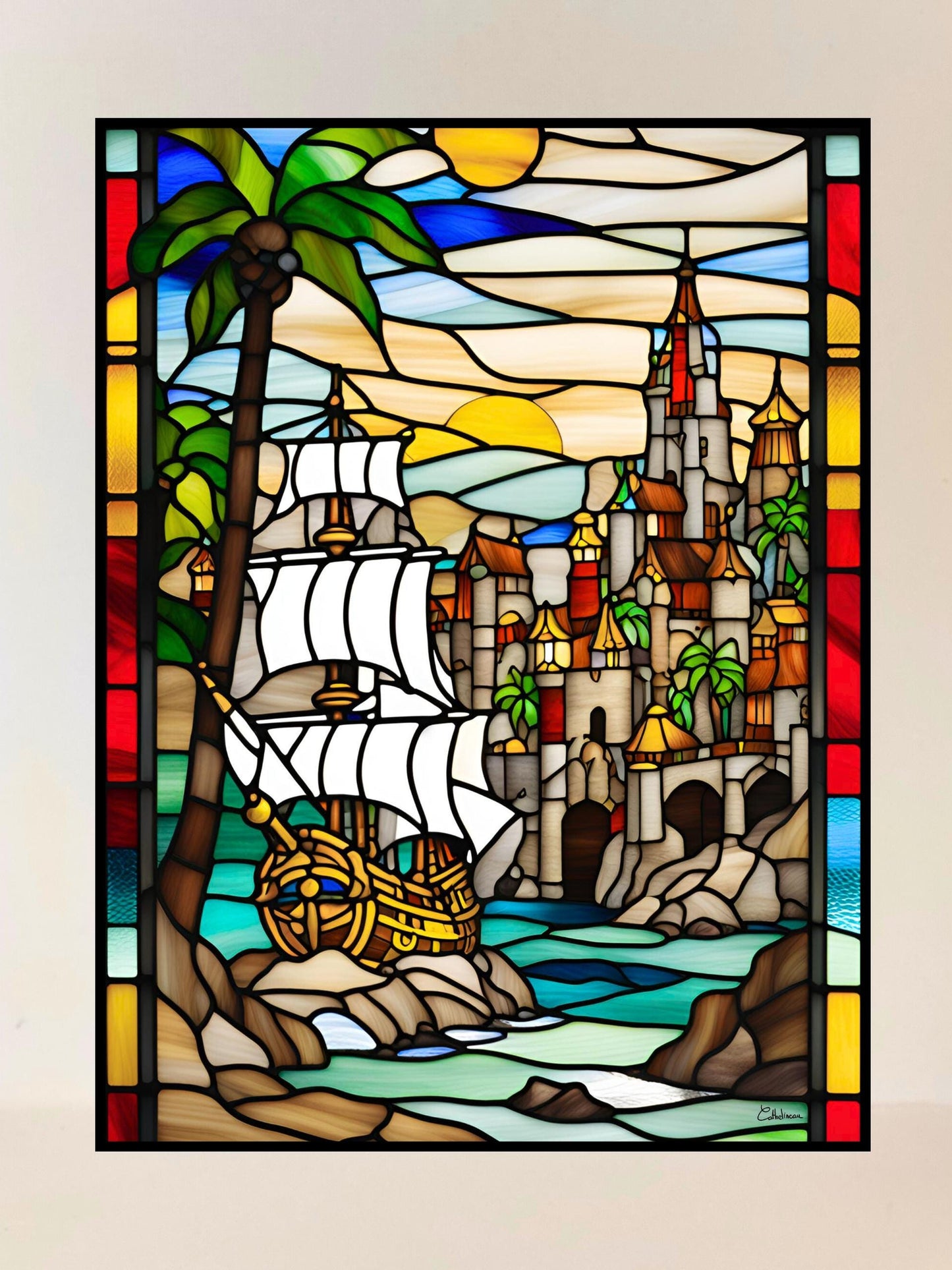 Vitrail Château des Pirates 30x40cm – Décoration vitre Marine – Cadeau Art Nautique