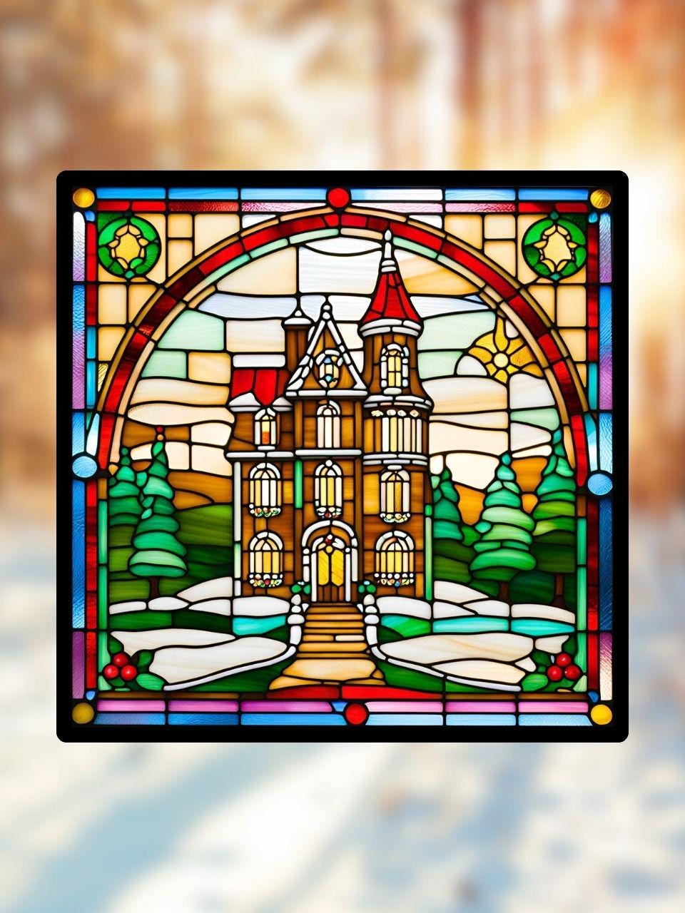 Vitrail Le Manoir en Pain d'Épices – Décoration de Vitre Gourmande – Cadeau Original pour les Fêtes de Fin d'Année