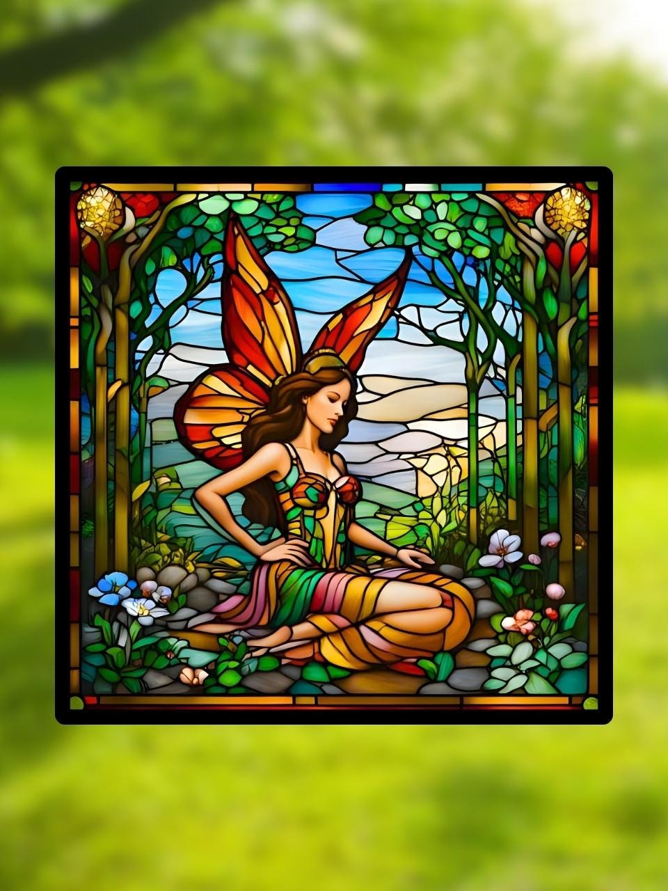 Vitrail "Fée des Lumières" – Art déco féerique, vitrail carré 14,5x14,5 cm, décoration magique inspirée de la nature