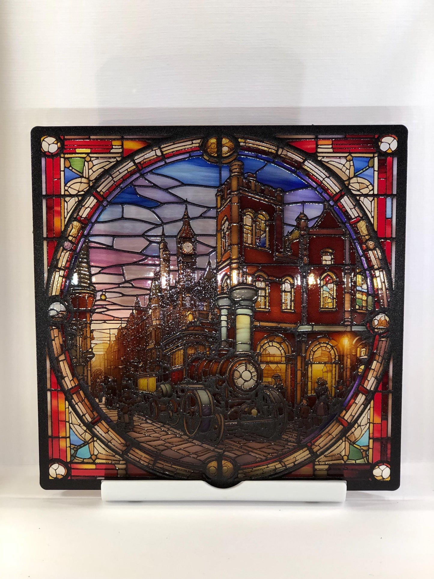 Vitrail La Ville Steampunk – Décoration de Vitre Industrielle – Cadeau Original pour Passionnés de Science-Fiction