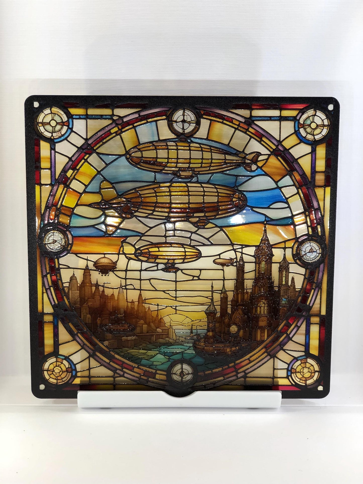 Vitrail La Ville Steampunk aux Zeppelins – Décoration de Vitre Industrielle – Cadeau Original pour Passionnés de Science-Fiction