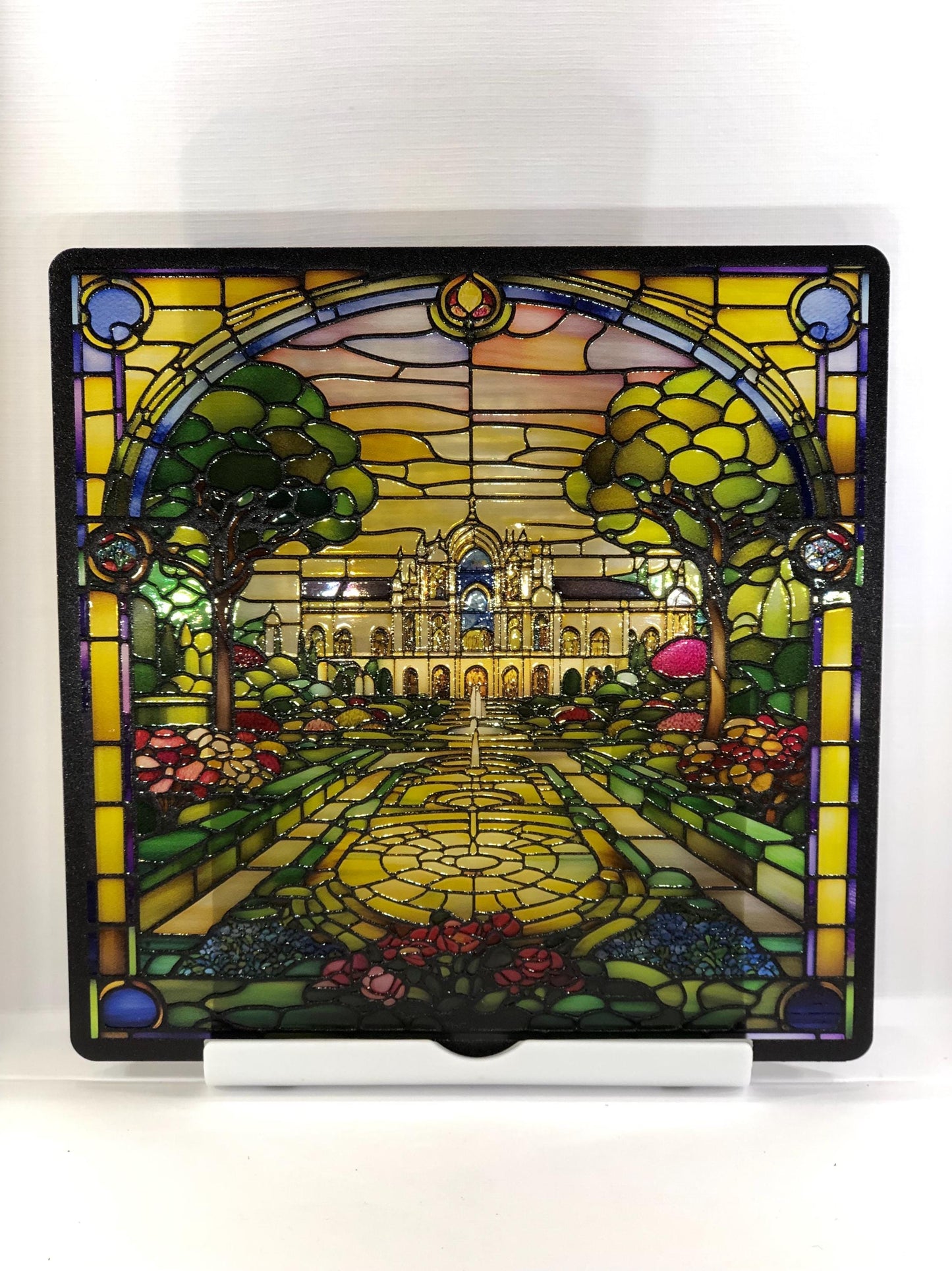 Vitrail Le Palais et ses Jardins – Décoration de Vitre Féérique – Cadeau Original pour Passionnés de Contes de Fées