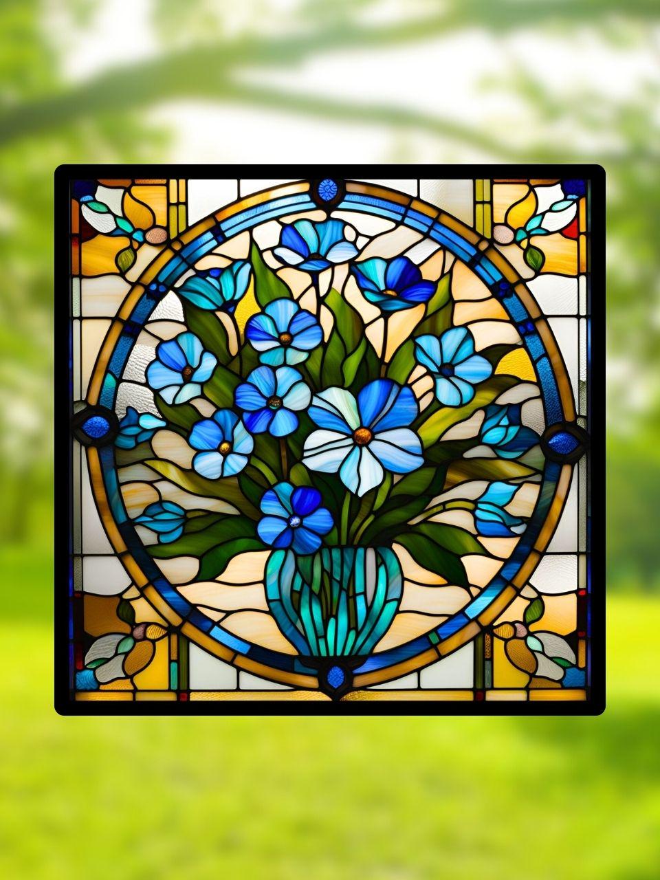 Vitrail Bouquet de Fleurs Bleues – Décoration de Vitre Florale – Cadeau Art Floral